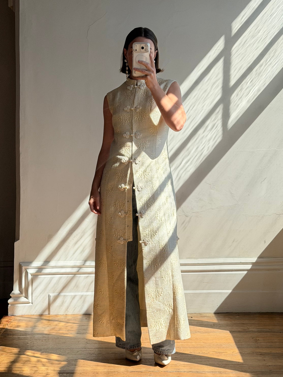 Vintage 60s Brocade Longline Qipao Cream