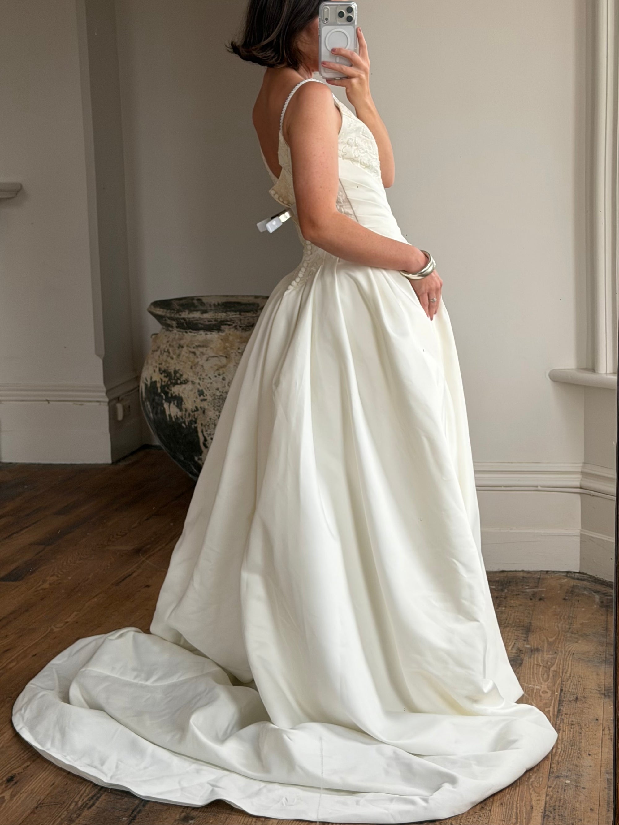Vintage 90s Pleated Jacquard Satin Wedding Gown