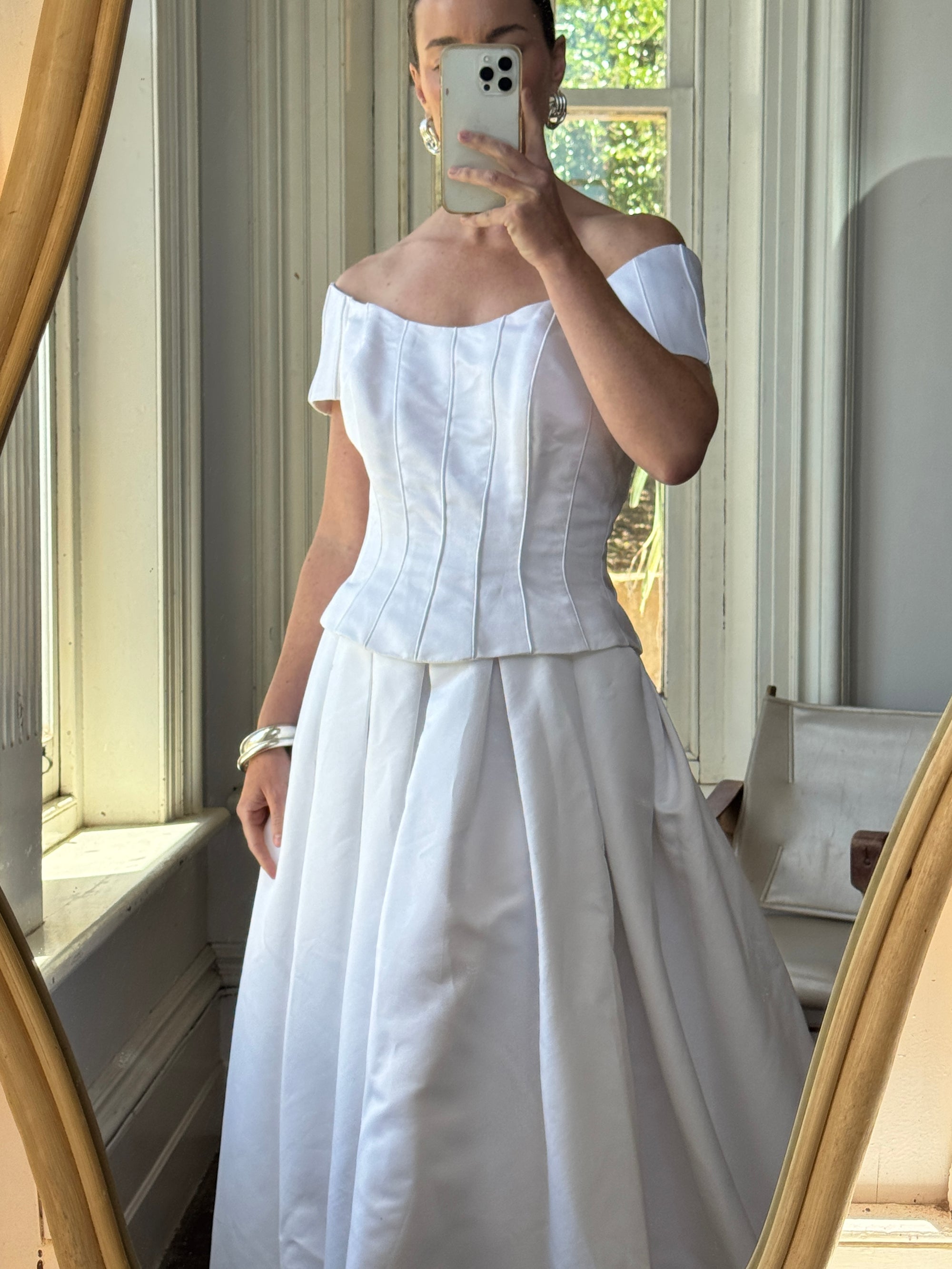 Vintage 90s Off Shoulder Box Pleat Wedding Gown