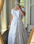 Vintage 90s Off Shoulder Box Pleat Wedding Gown