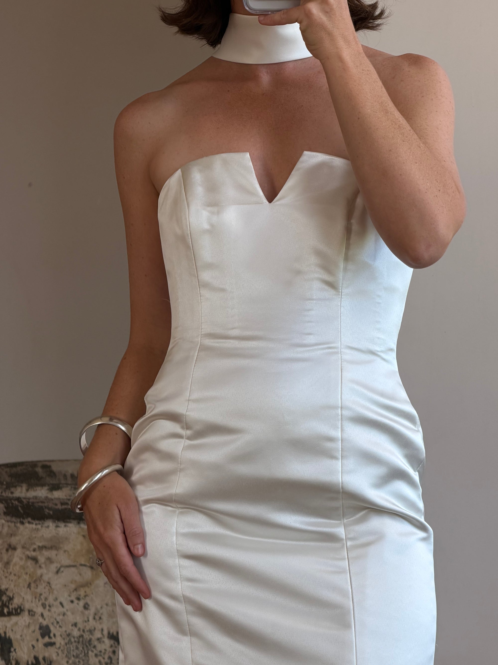 Vintage 90s Satin Strapless Bridal Midi With Neck Tie