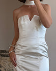 Vintage 90s Satin Strapless Bridal Midi With Neck Tie