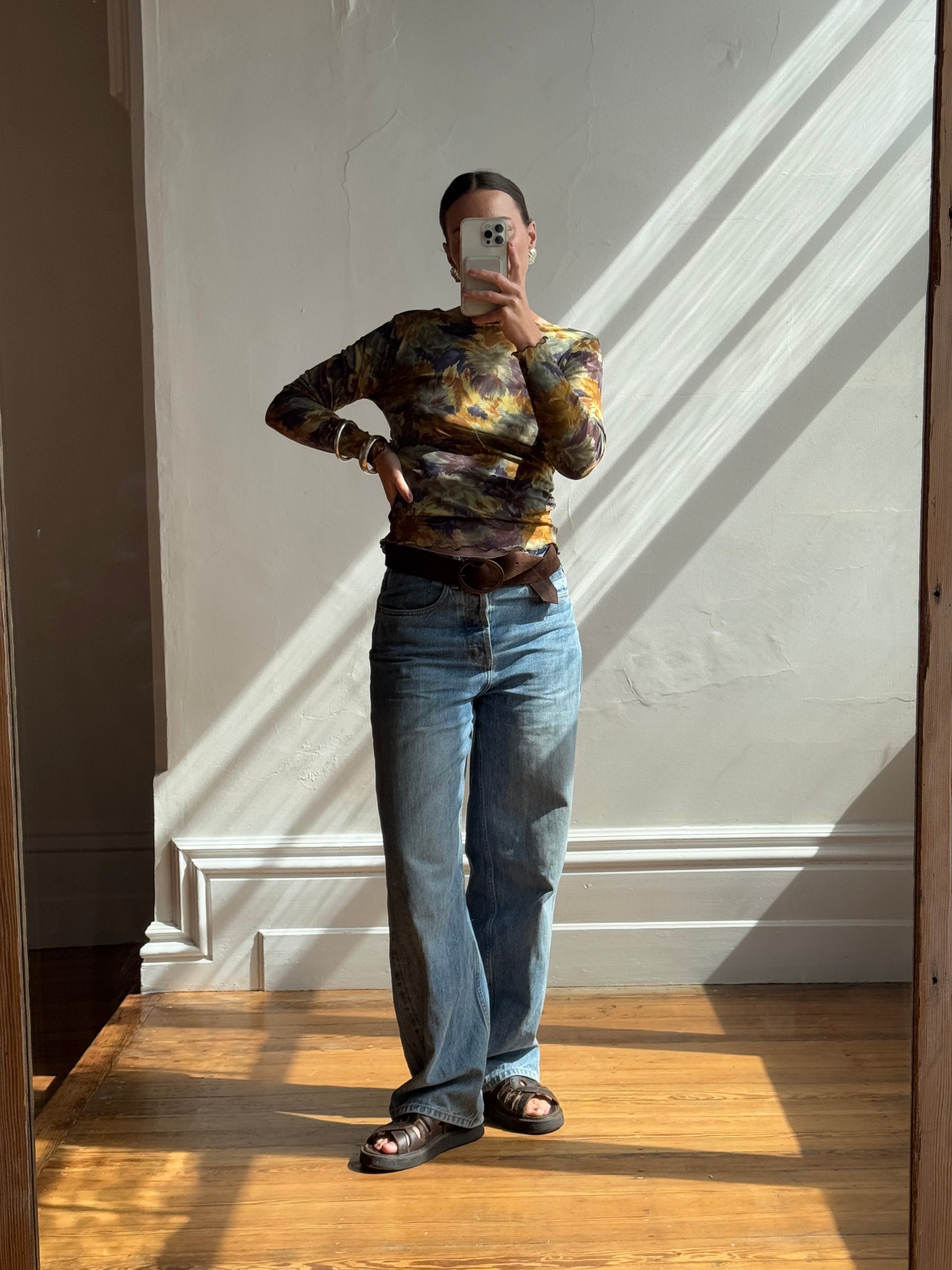 Vintage 90s Floral Mesh Top Navy Gold