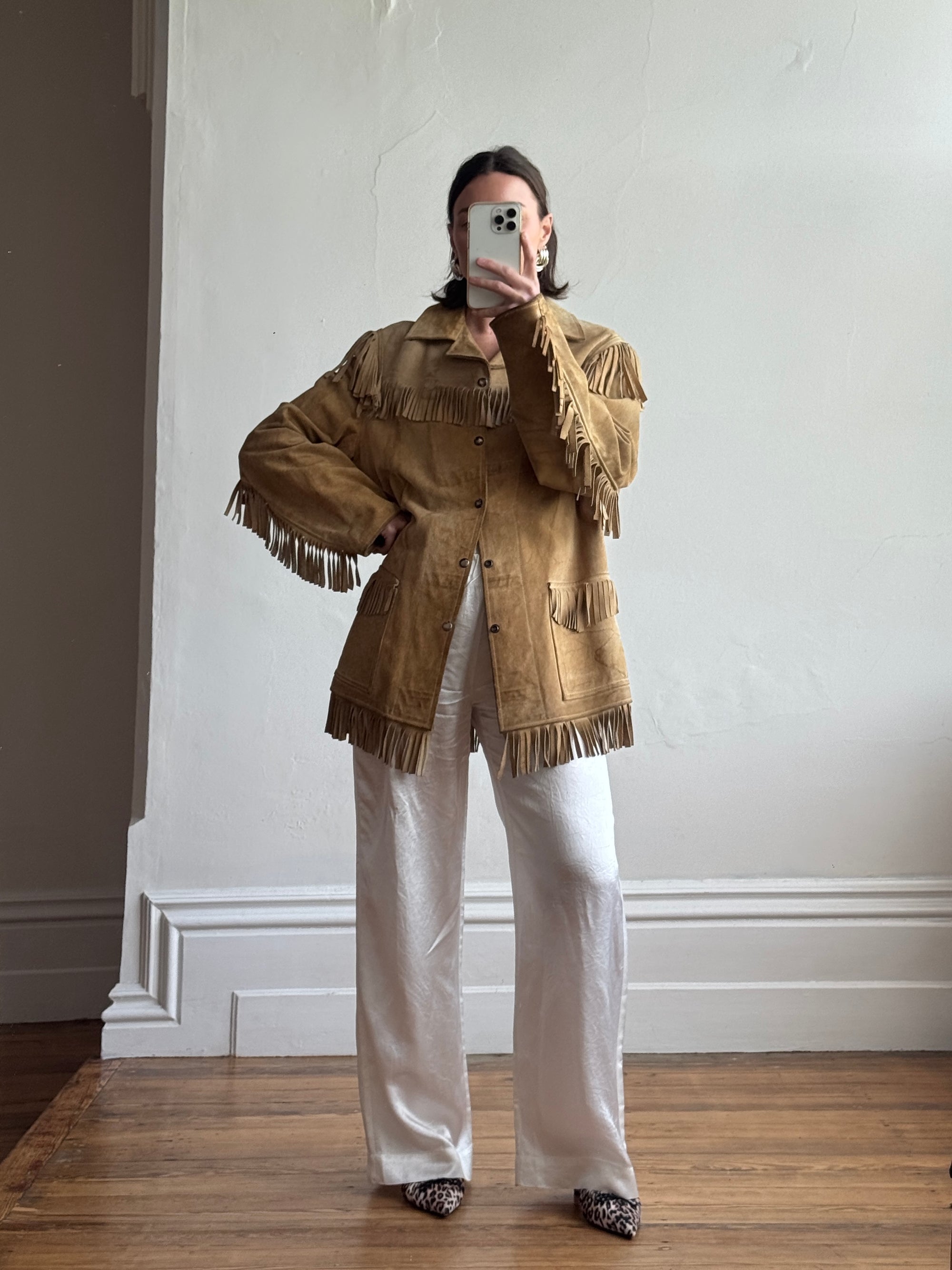 Vintage 70s Western Fringe Suede Leather Jacket Tan