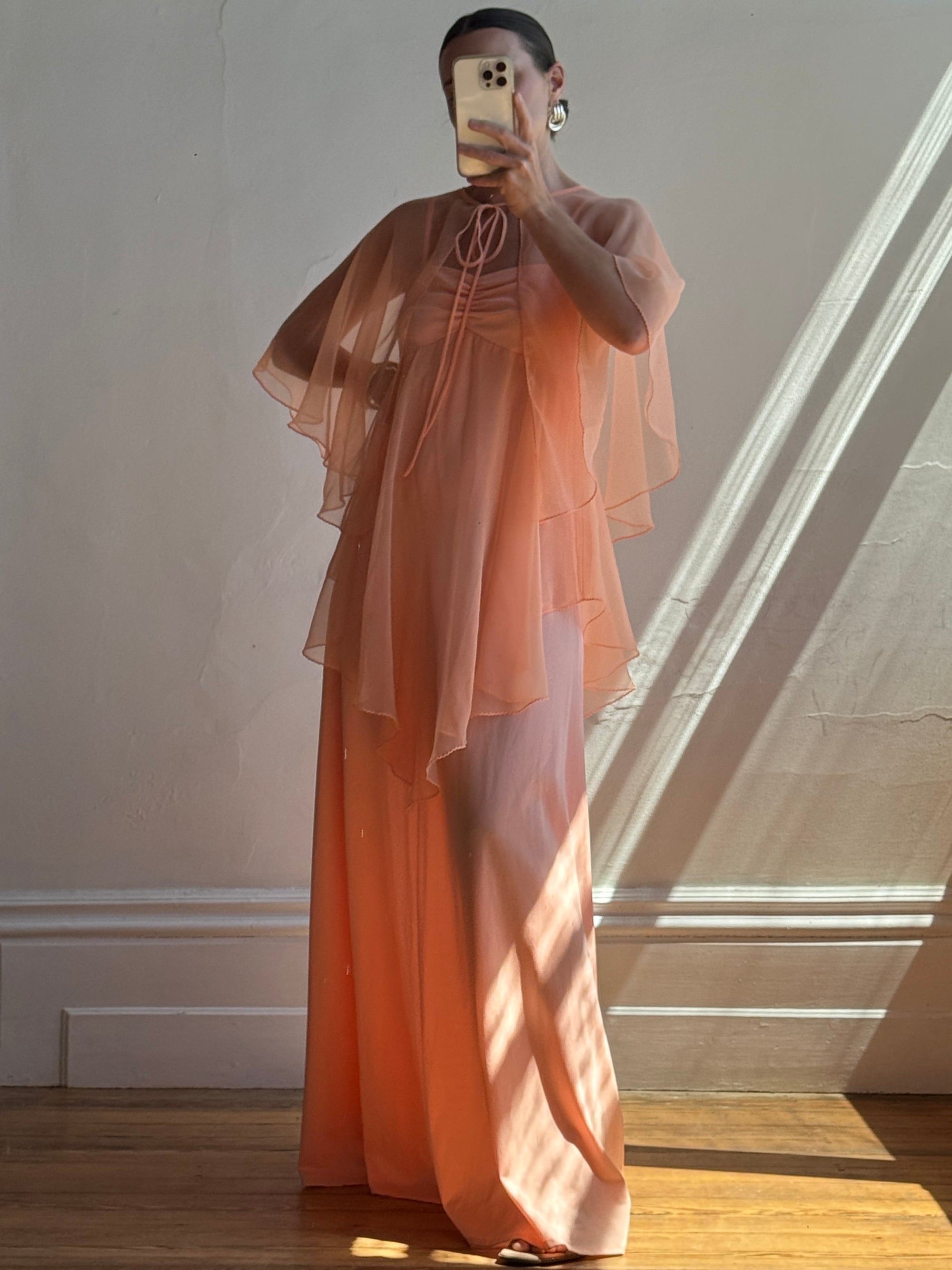 Vintage 70s Apricot Maxi Dress with Sheer Cape