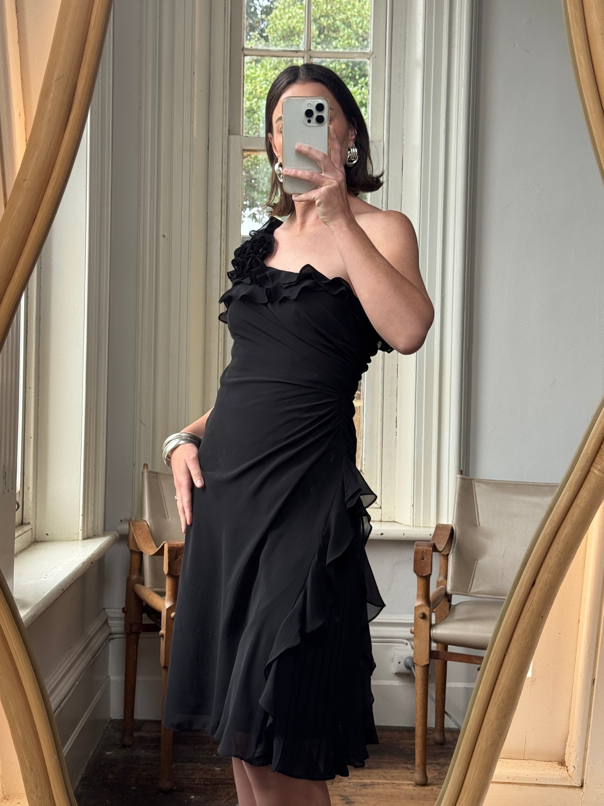 Vintage 90s One Shoulder Ruffle Jersey Dress Noir