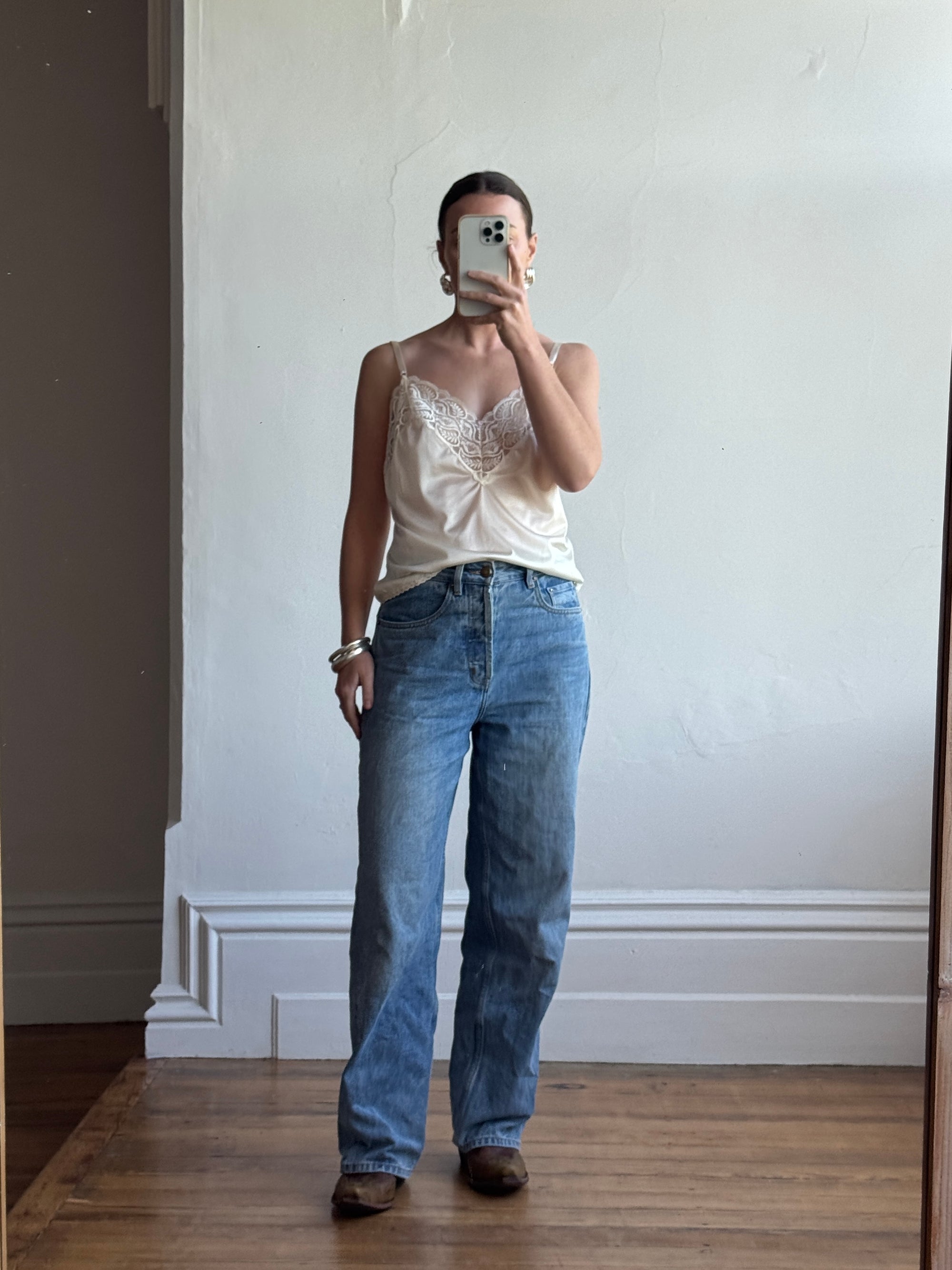 Vintage 80s Satin Ivory Lace Cami