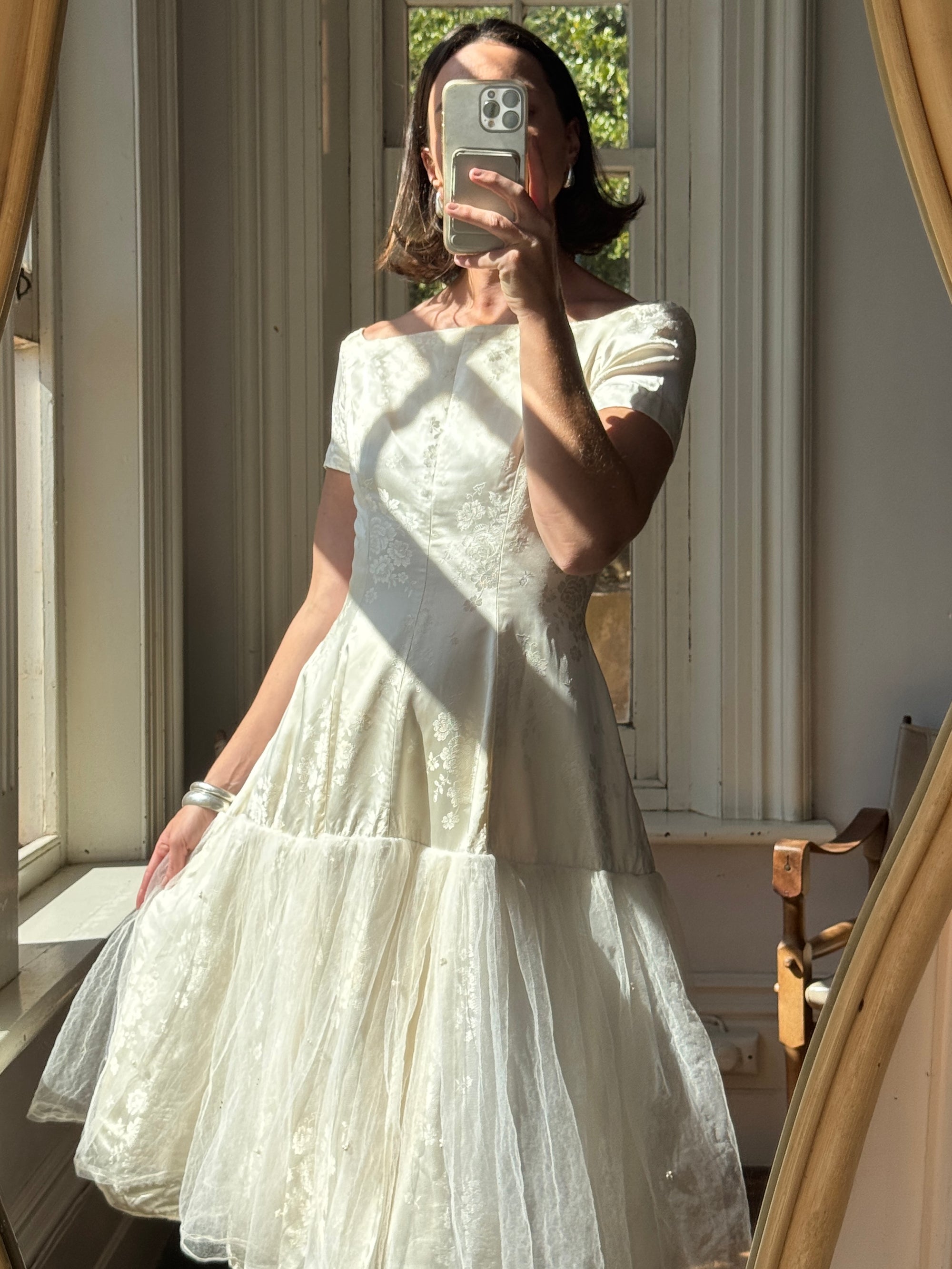 Vintage 50s Tea Length Jacquard Satin and Tulle Wedding Dress