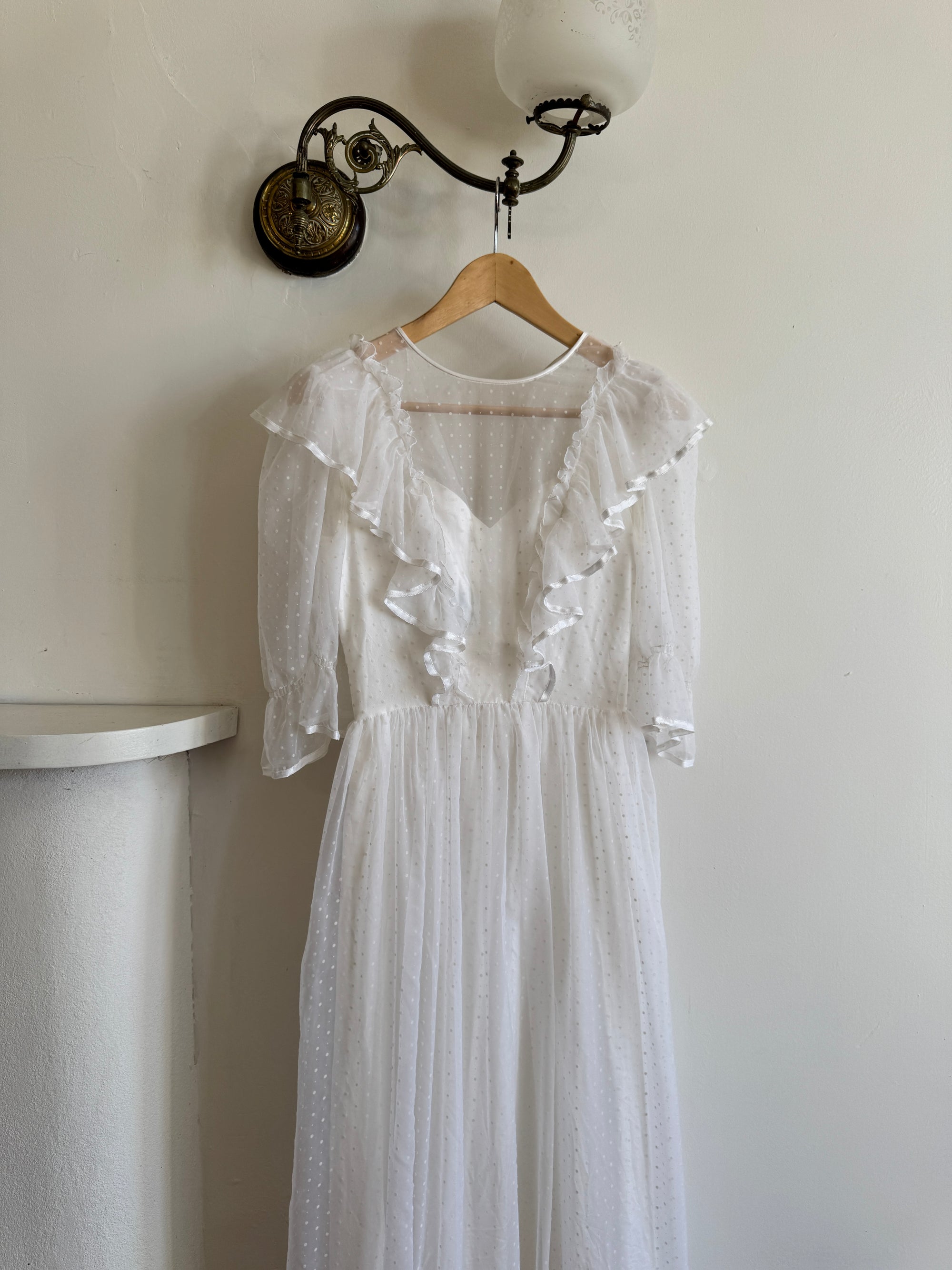 Vintage 70s Polka Chiffon Frill Wedding Dress