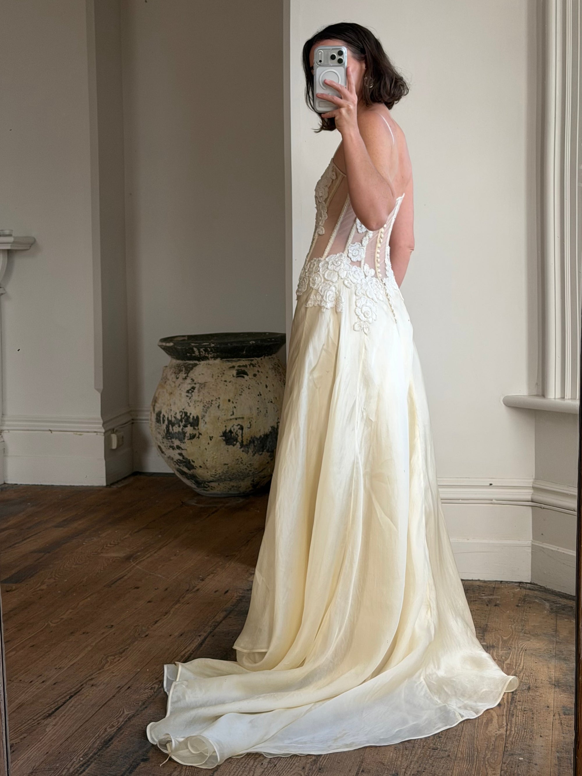Vintage 90s Italian Nude Floral Beaded Silk Organza Wedding Gown