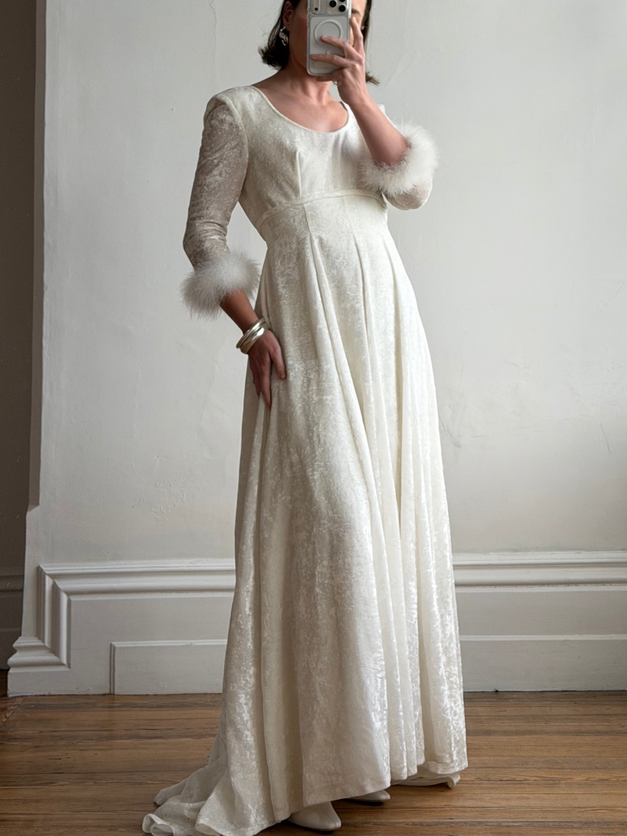 Vintage 90s Italian Velvet Long Sleeve Feather Wedding Gown