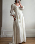 Vintage 90s Italian Velvet Long Sleeve Feather Wedding Gown
