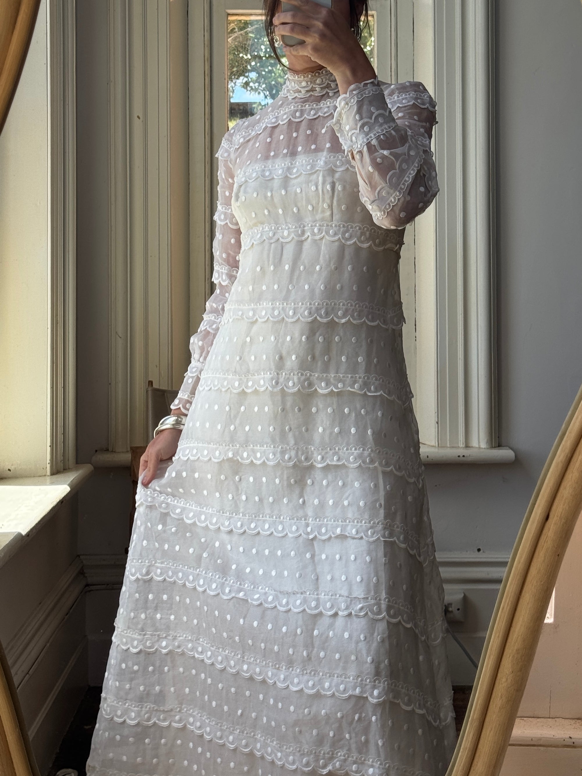 Vintage 60s Polka Dot Long Sleeved Wedding Dress Ivory