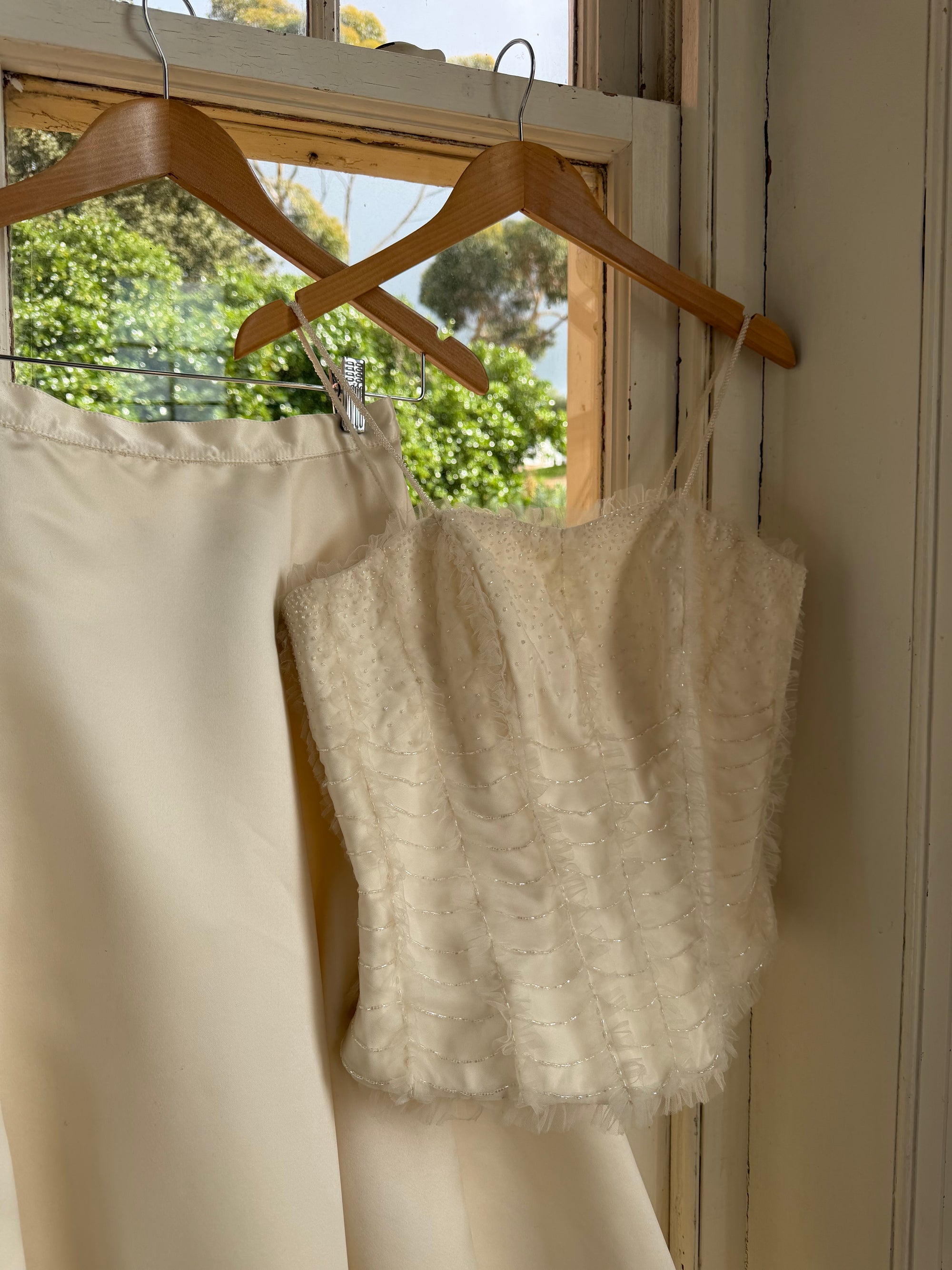 Vintage 90s Italian Bridal Fairy Tulle Embroidered Bustier and Satin Skirt