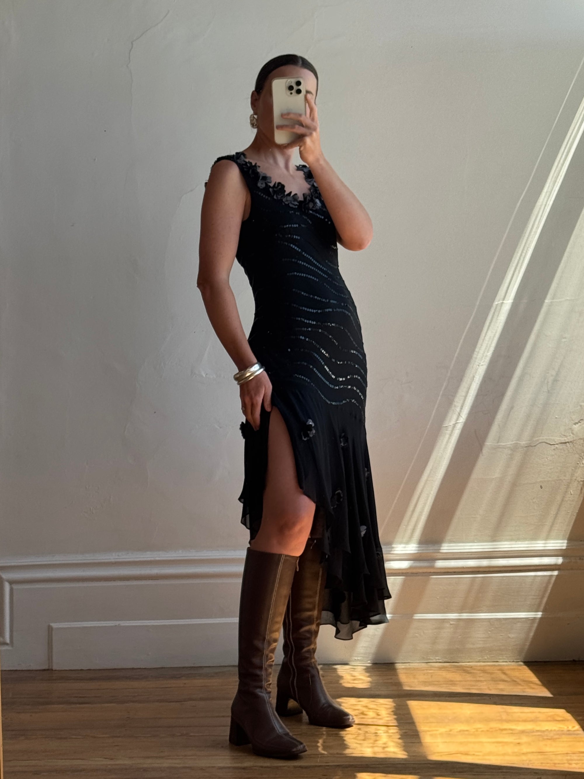 Vintage Y2K Pure Silk Sequin Fairy Dress Noir Call Me The Breeze Vintage Y2K Pure Silk Sequin Fairy Dress Noir Call Me The Breeze