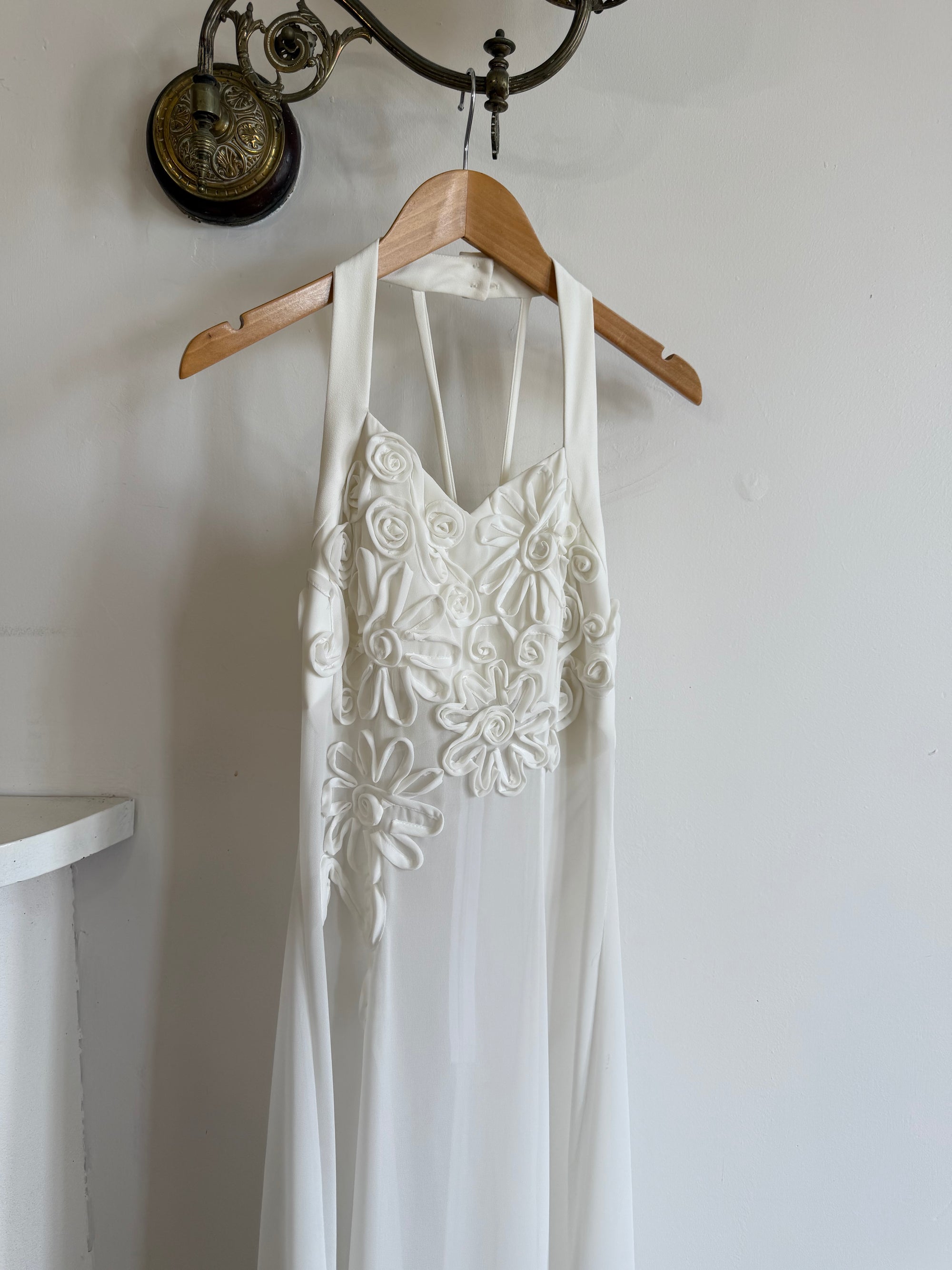 Vintage 90s Daisy Sheer Halter Midi Dress White