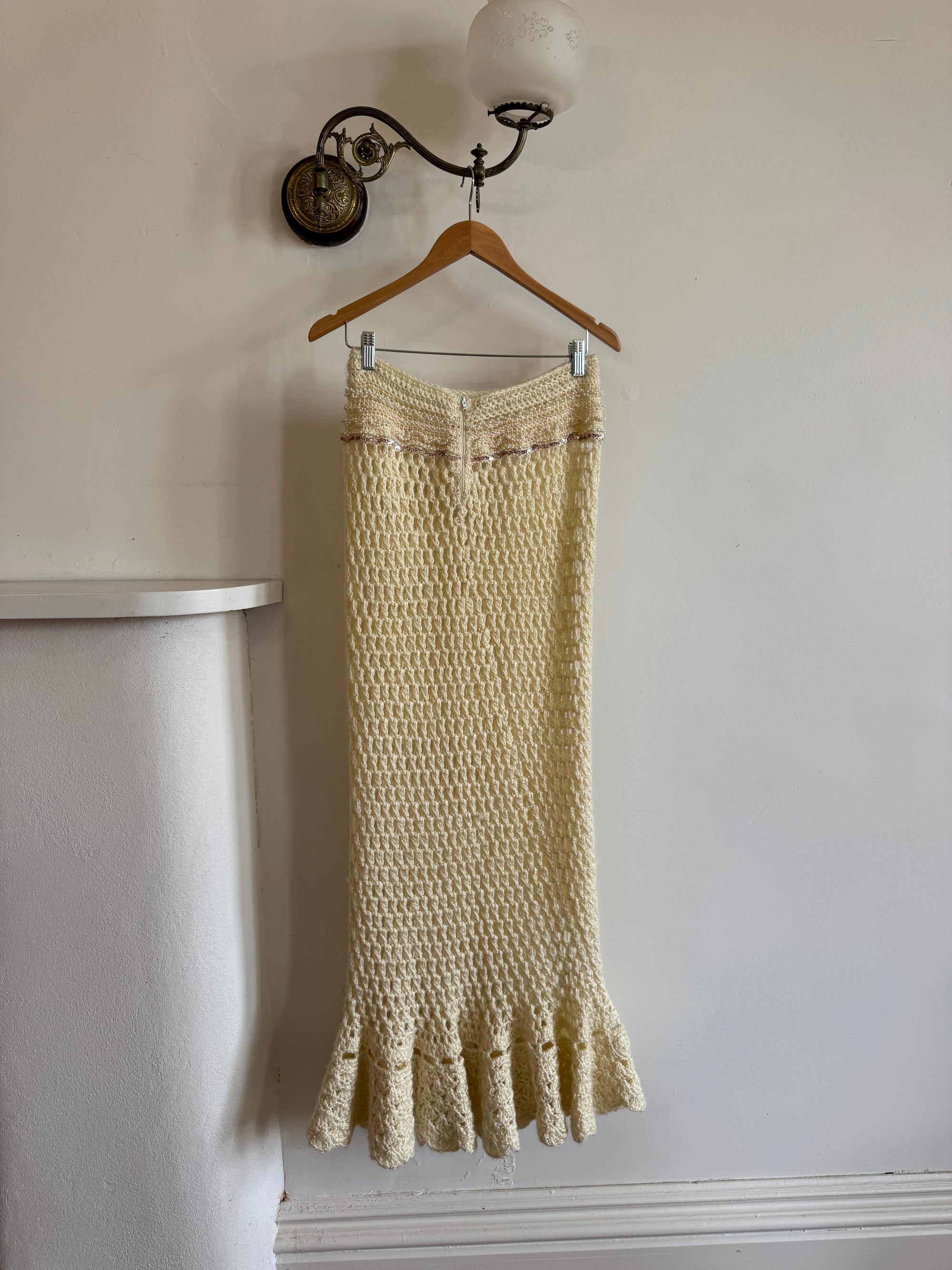 Vintage 70s Wool Crochet Beaded Mermaid Bias Skirt