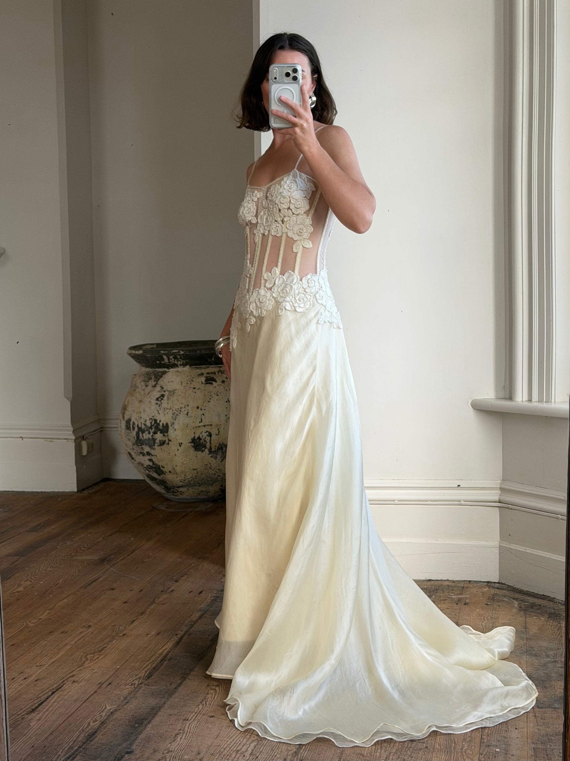 Vintage 90s Italian Nude Floral Beaded Silk Organza Wedding Gown