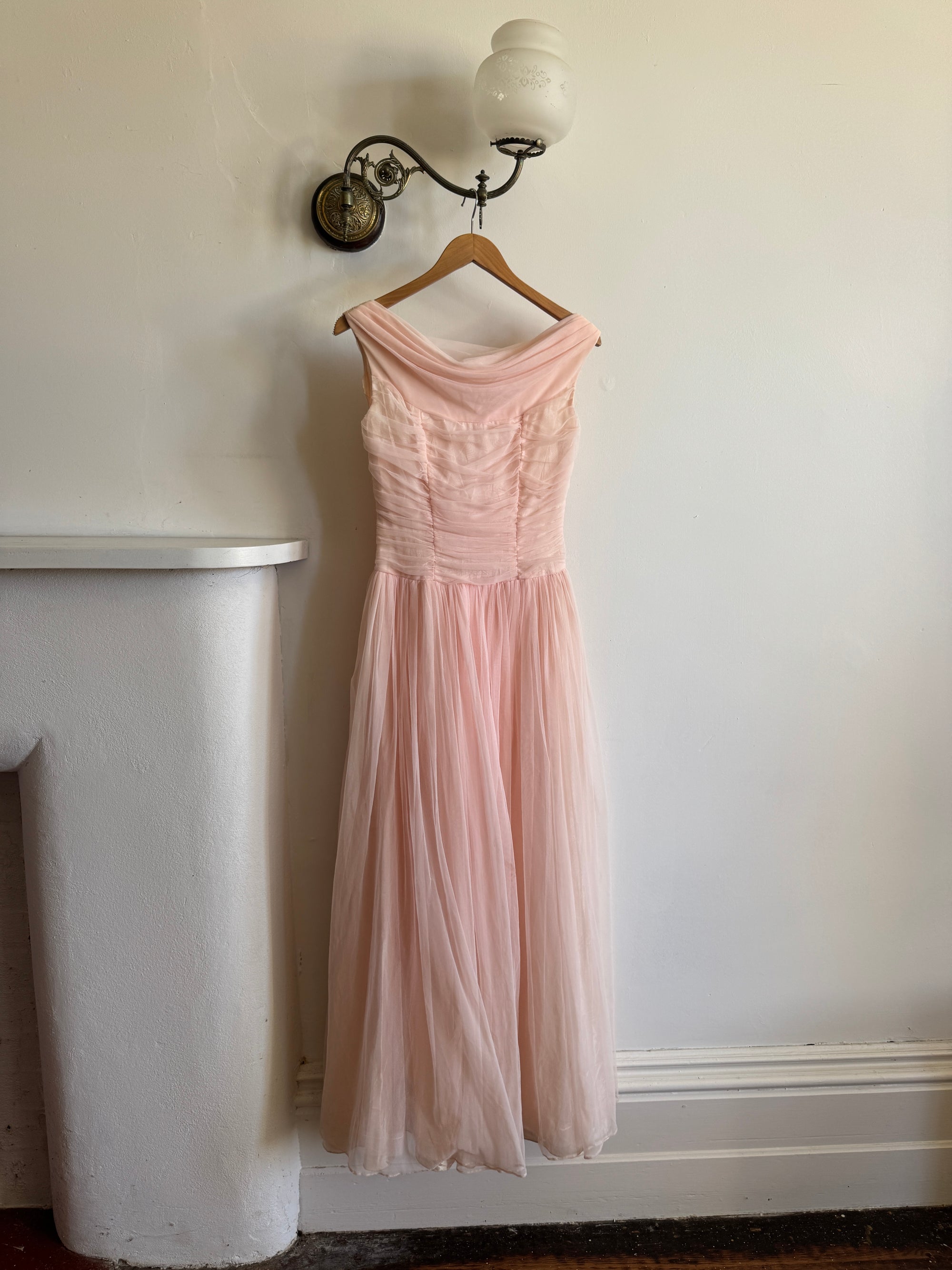 Vintage 60s Chiffon Gathered Pale Pink Maxi Gown