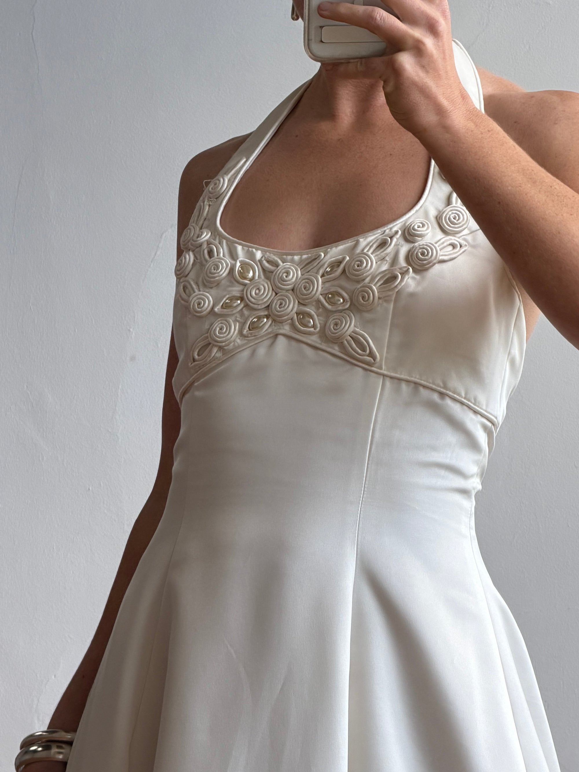 Vintage 90s Ivory Beaded Halter Bridal Ballgown