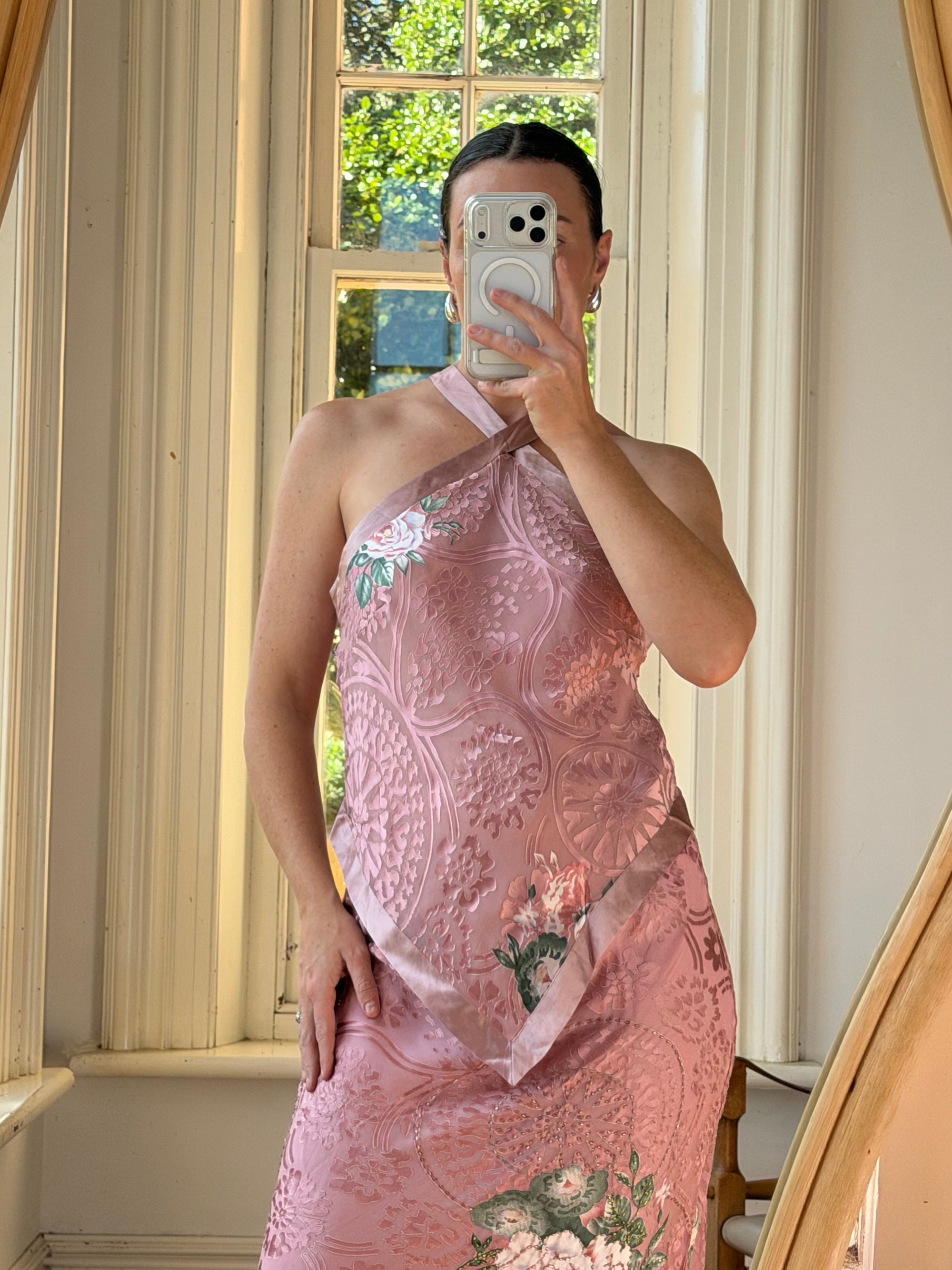 Vintage 90s Dusty Rose Floral Silk Halter Scarf Top and Skirt Set