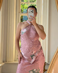 Vintage 90s Dusty Rose Floral Silk Halter Scarf Top and Skirt Set