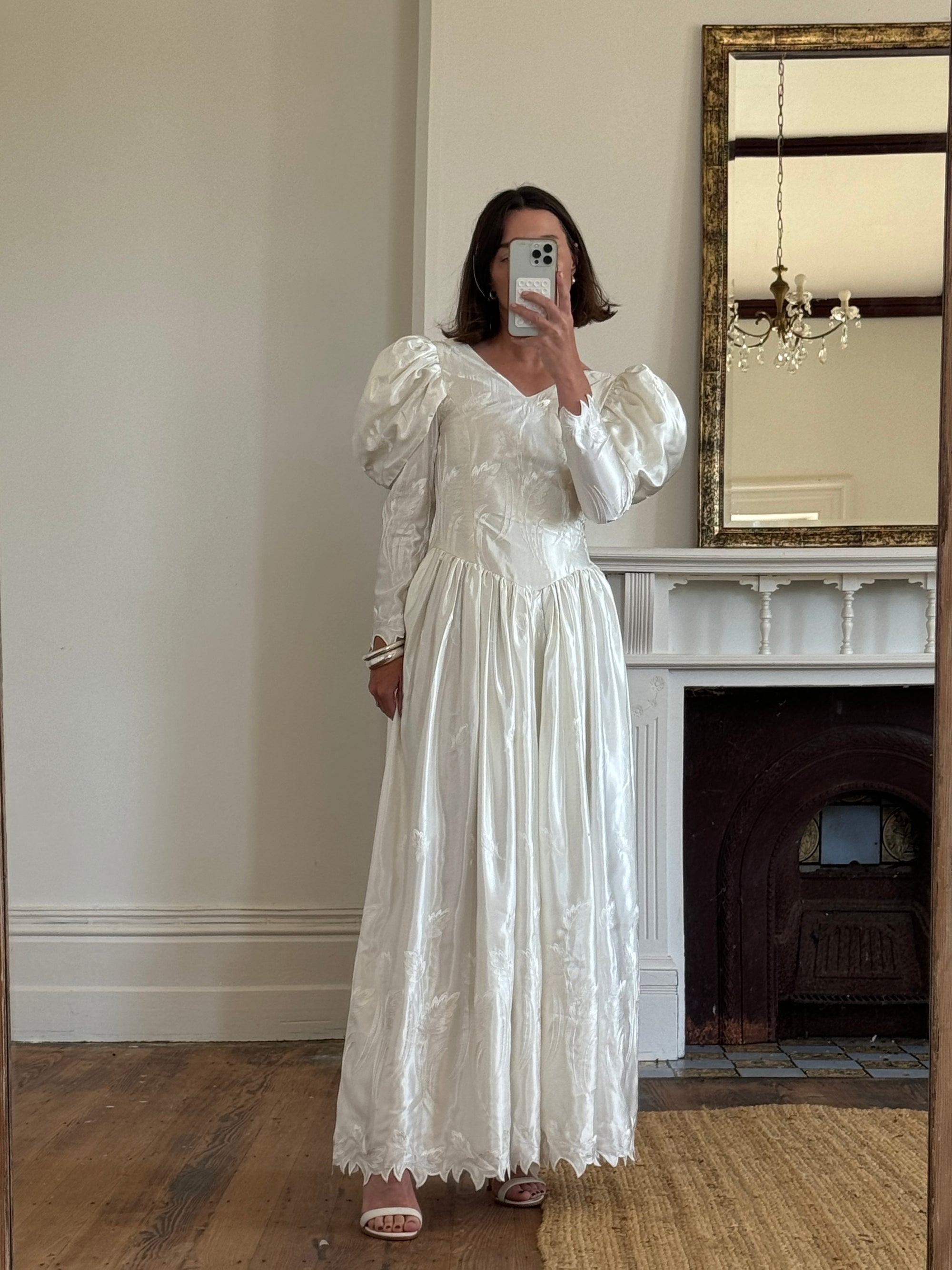 Vintage 80s Puff Sleeve Vine Satin Wedding Gown