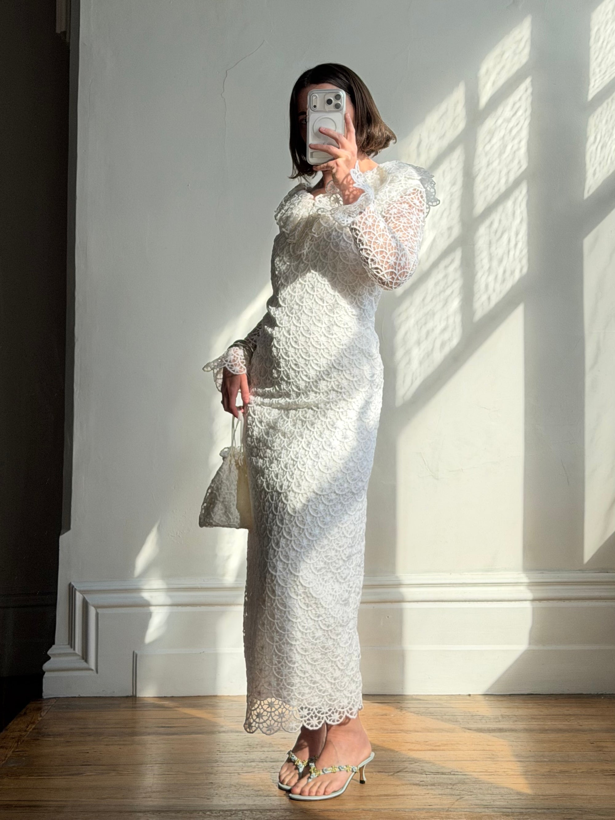 Vintage 90s Italian Crochet Column Frill Dress with Matching Bag
