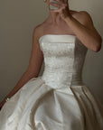 Vintage 90s Strapless Jacquard Satin Princess Wedding Dress