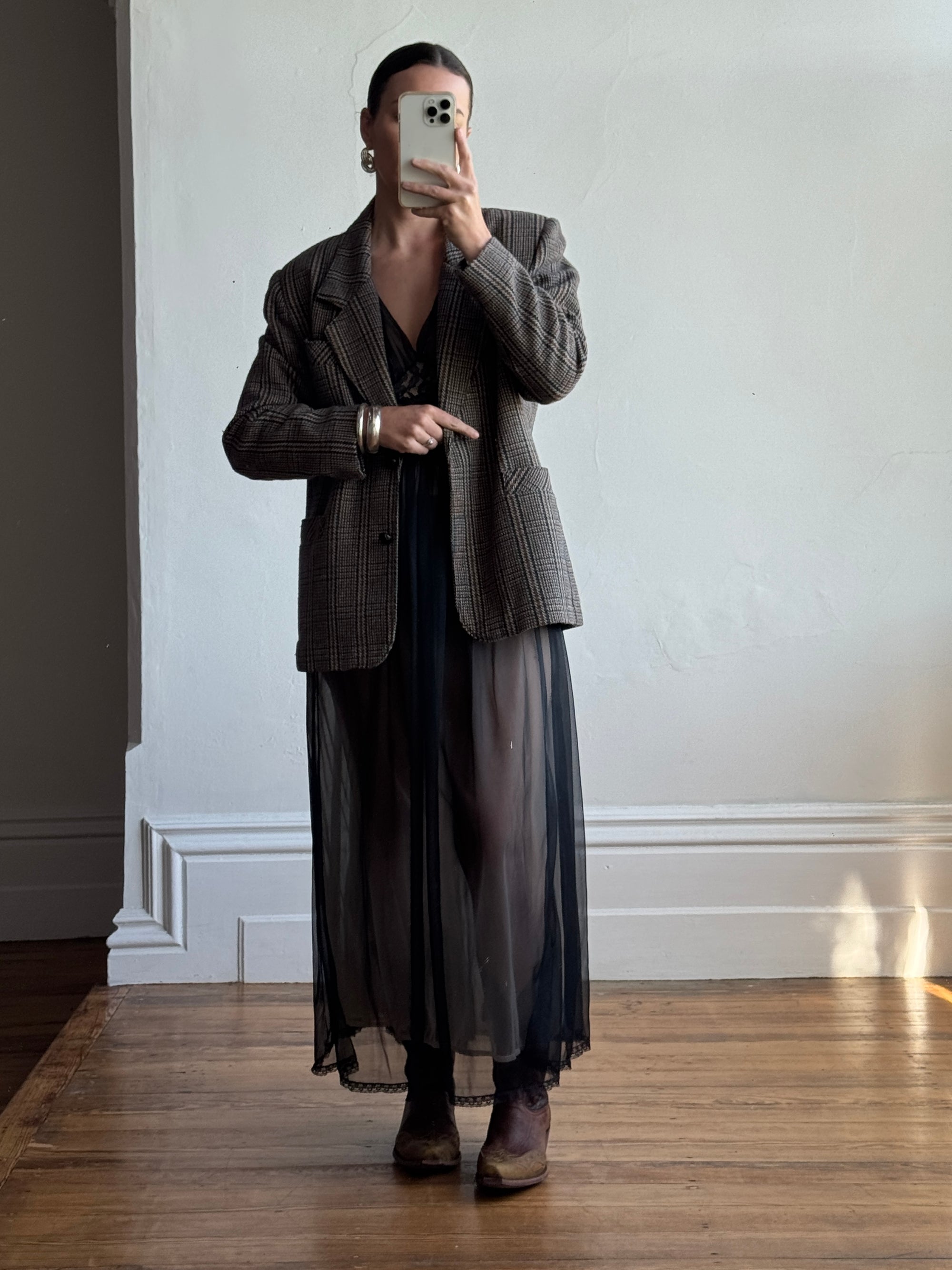 Vintage 80s Wool Blend Plaid Blazer Navy Brown