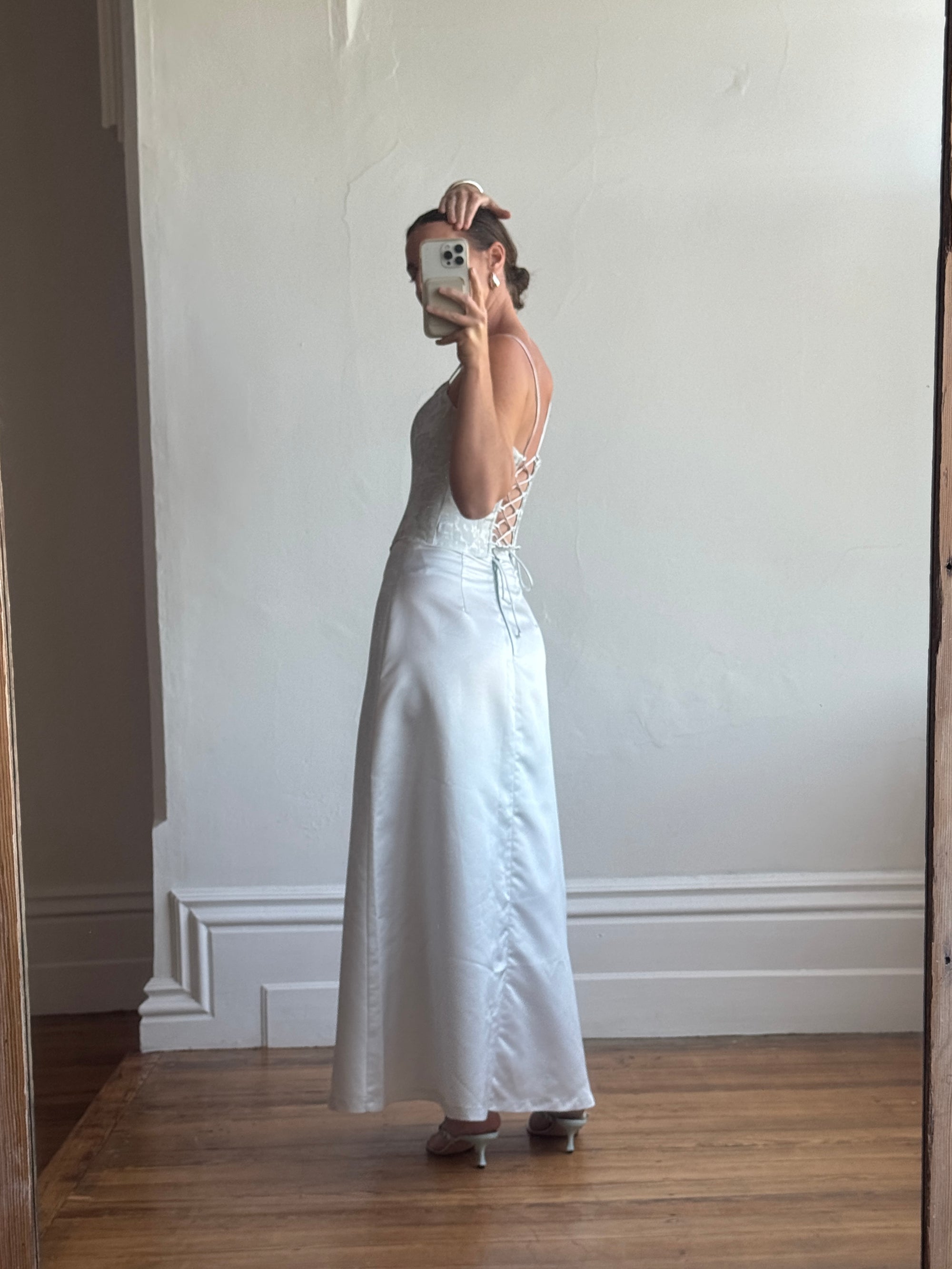 Vintage 90s Ice Blue Satin Jacquard Corset and Skirt Set