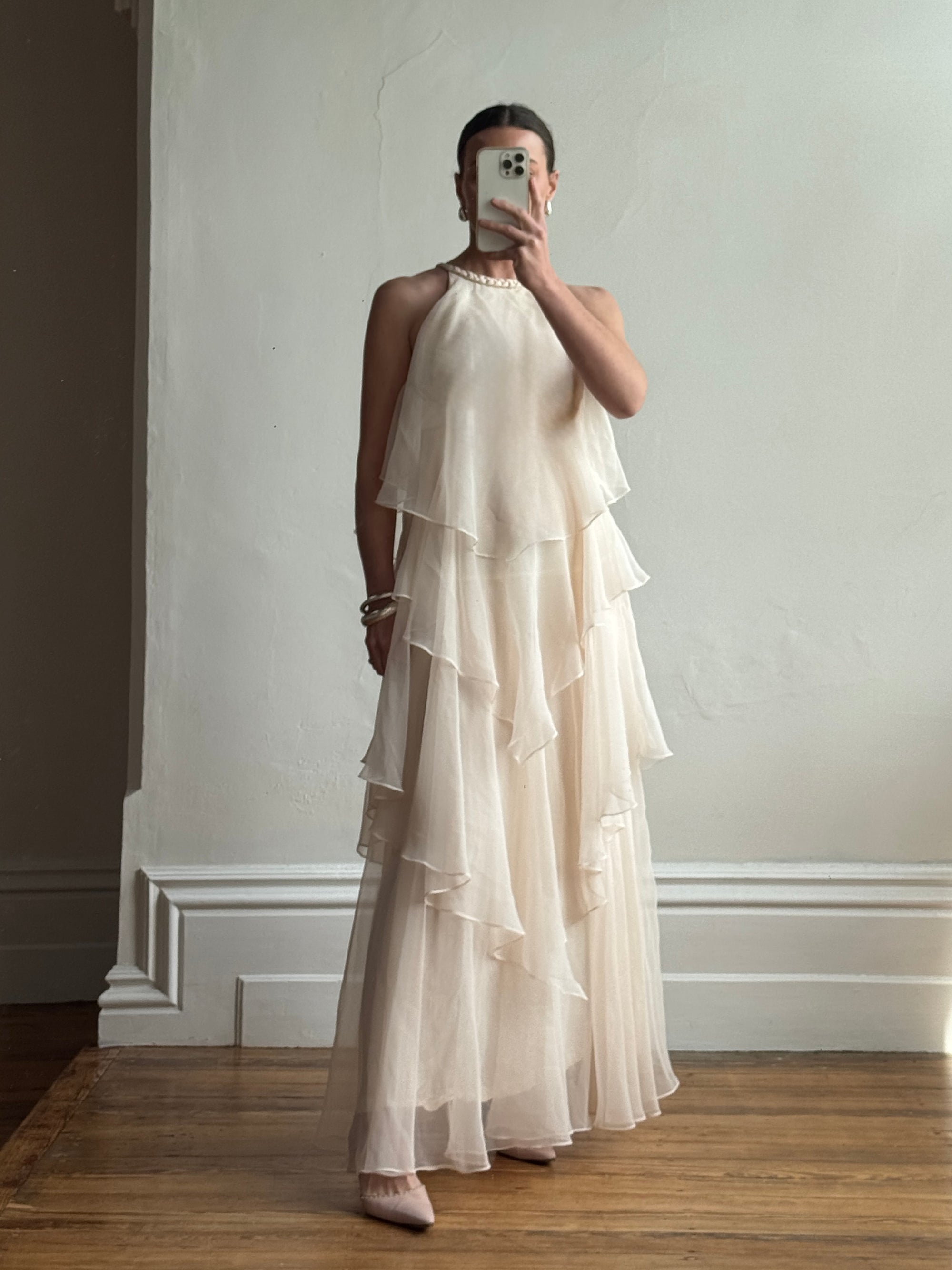 Vintage 70s Tiered Chiffon Wedding Dress Creme