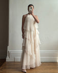 Vintage 70s Tiered Chiffon Wedding Dress Creme