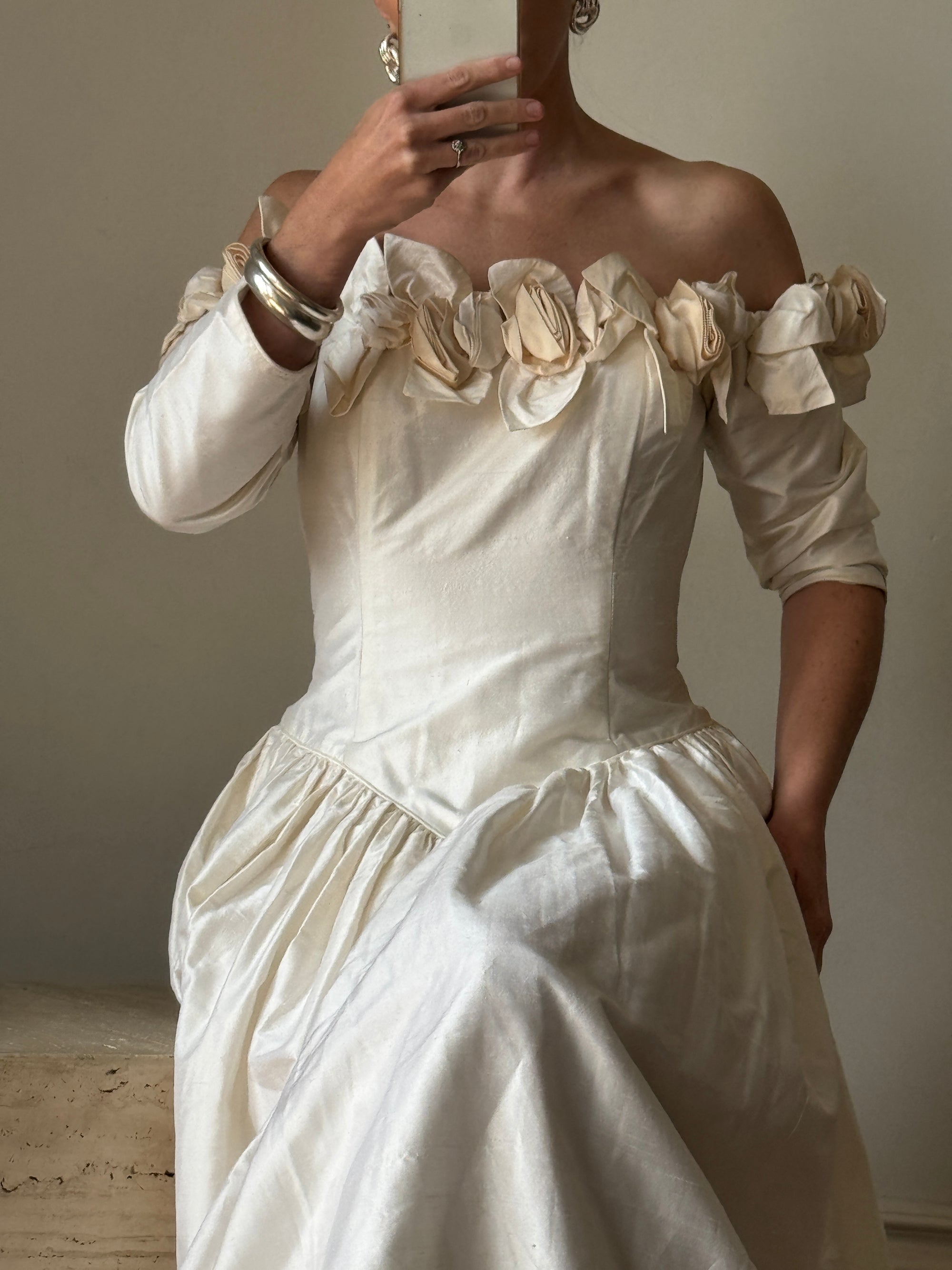 Vintage 80s Pure Silk Rosette Off Shoulder Gown