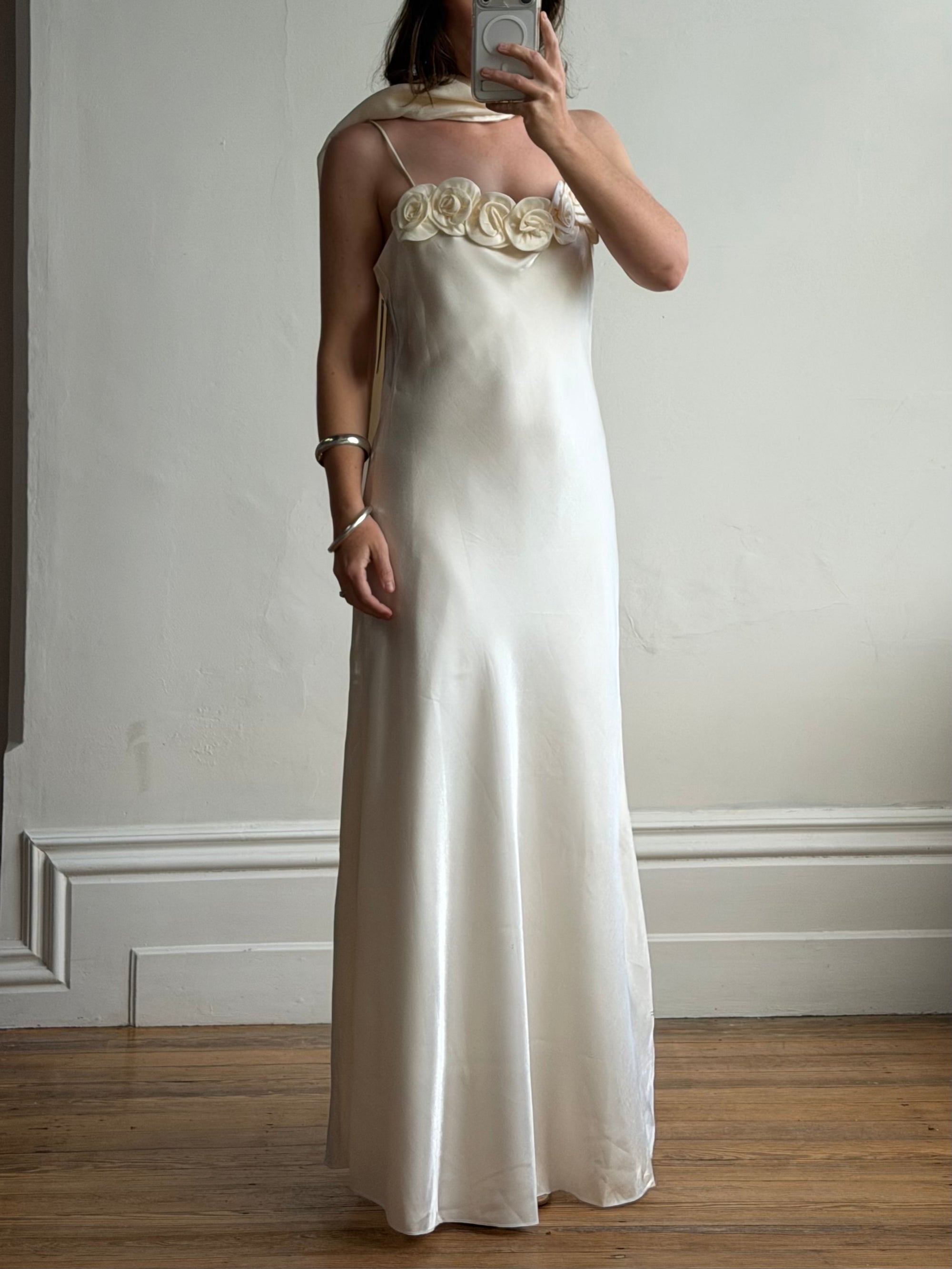 Vintage Y2K Rosette Bridal Slip Dress Champagne Satin