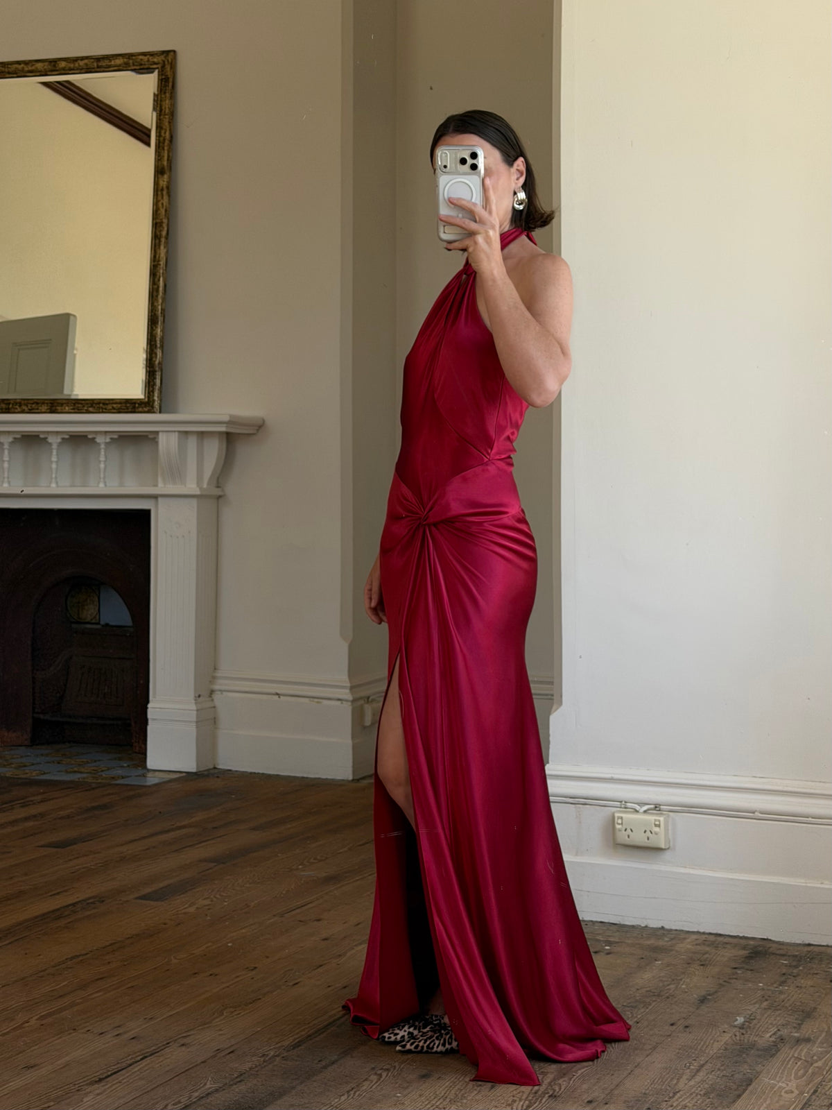 Vintage 90s Crimson Satin Ruched Bias Gown