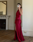 Vintage 90s Crimson Satin Ruched Bias Gown