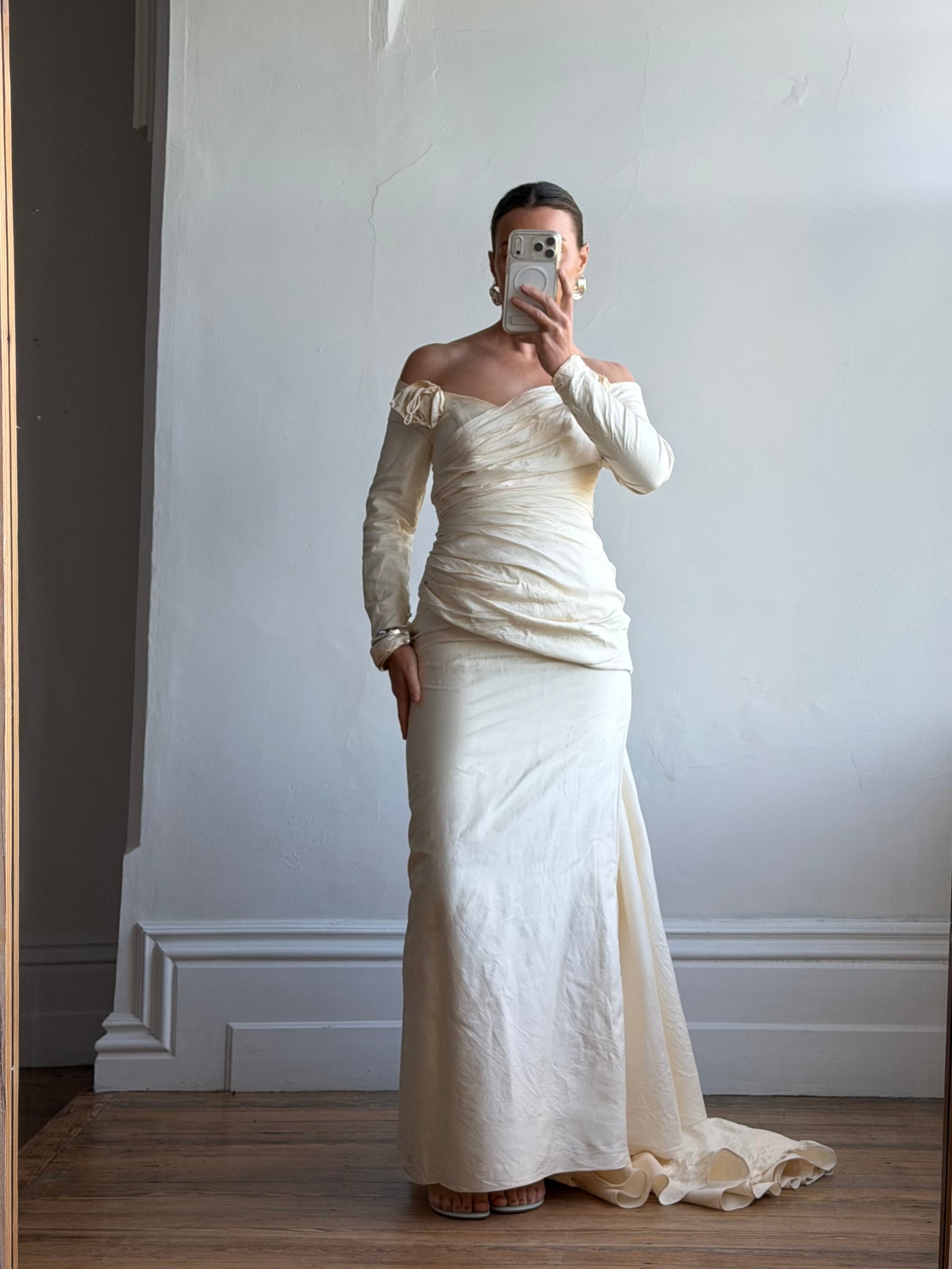 Vintage 90s Silk Rosette Off Shoulder Gown With Bow Train