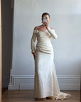 Vintage 90s Silk Rosette Off Shoulder Gown With Bow Train