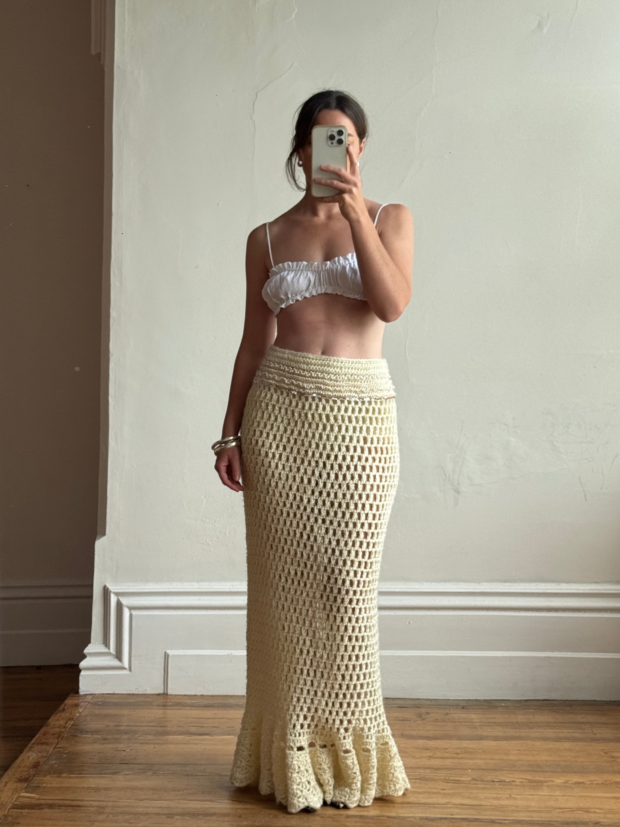 Vintage 70s Wool Crochet Beaded Mermaid Bias Skirt