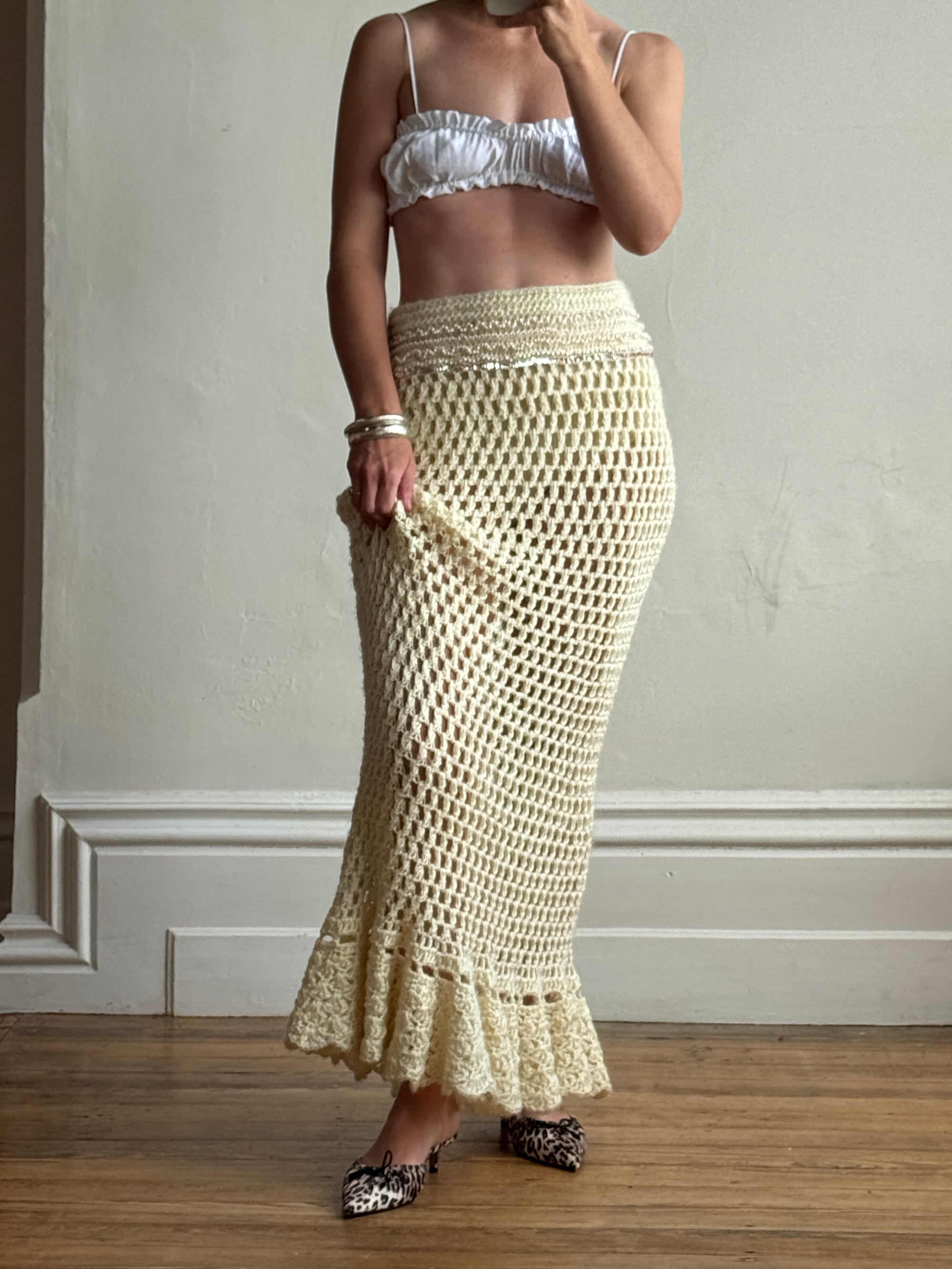 Vintage 70s Wool Crochet Beaded Mermaid Bias Skirt