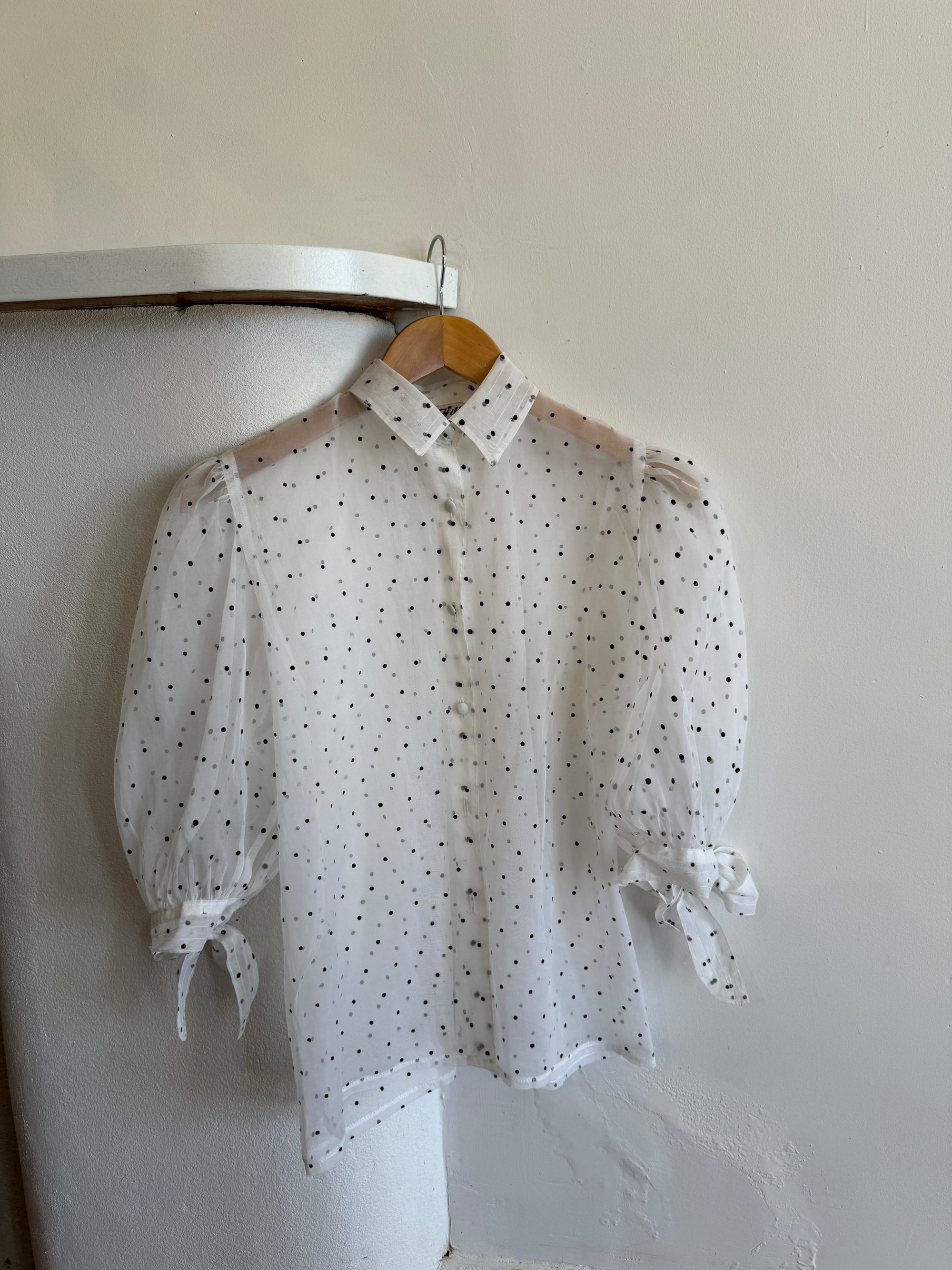 Vintage Polka Dot Organza Button Up Blouse