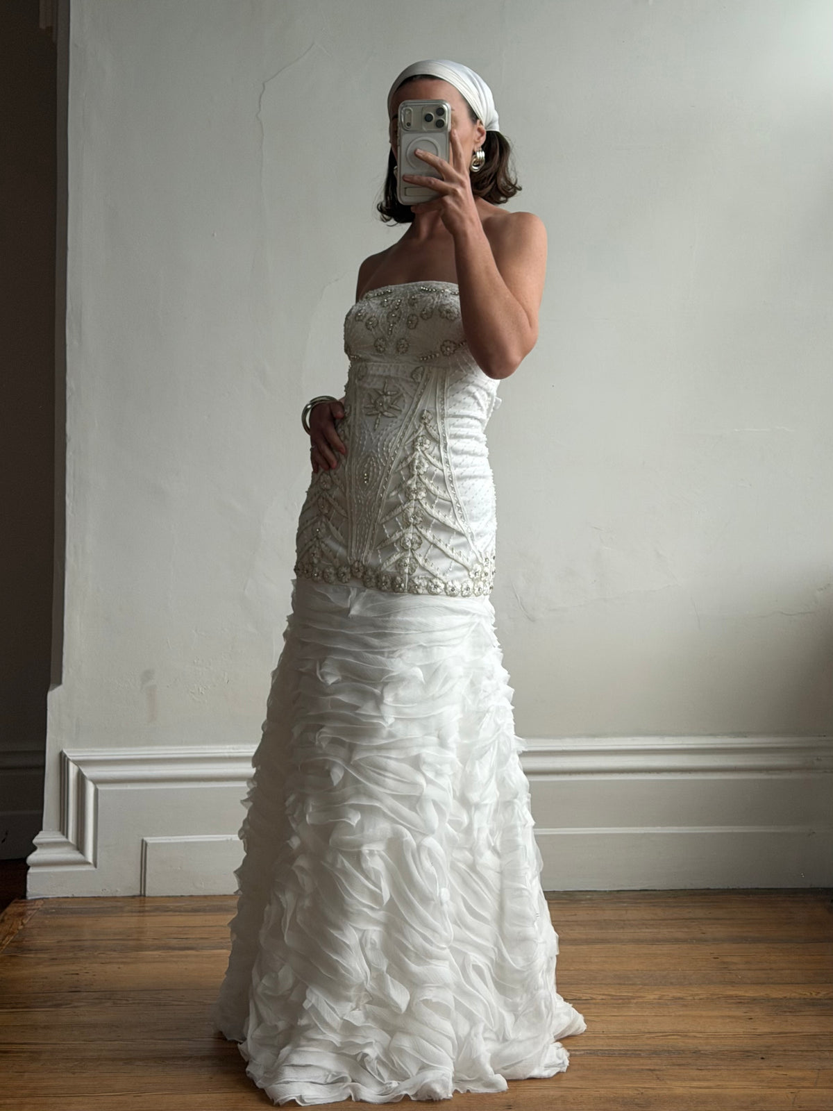 Vintage 90s Strapless Embellished Ruffled Wedding Gown