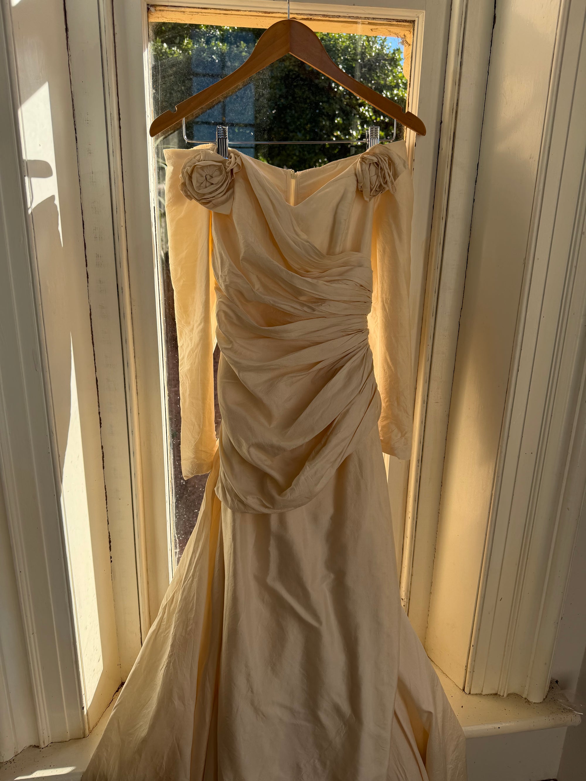 Vintage 90s Silk Rosette Off Shoulder Gown With Bow Train