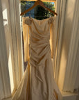 Vintage 90s Silk Rosette Off Shoulder Gown With Bow Train