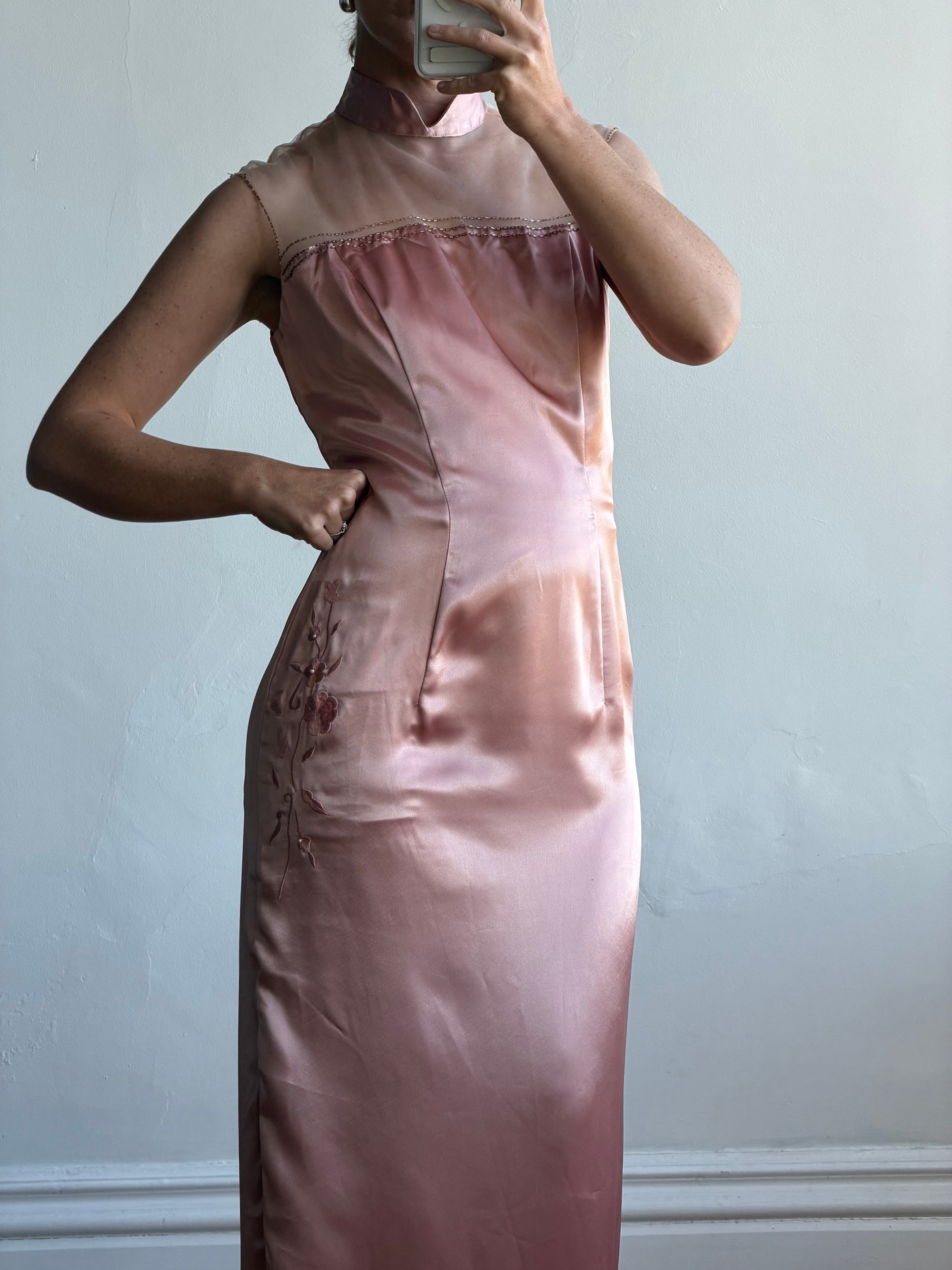 Vintage 90s Dusty Rose Satin High Neck Dress