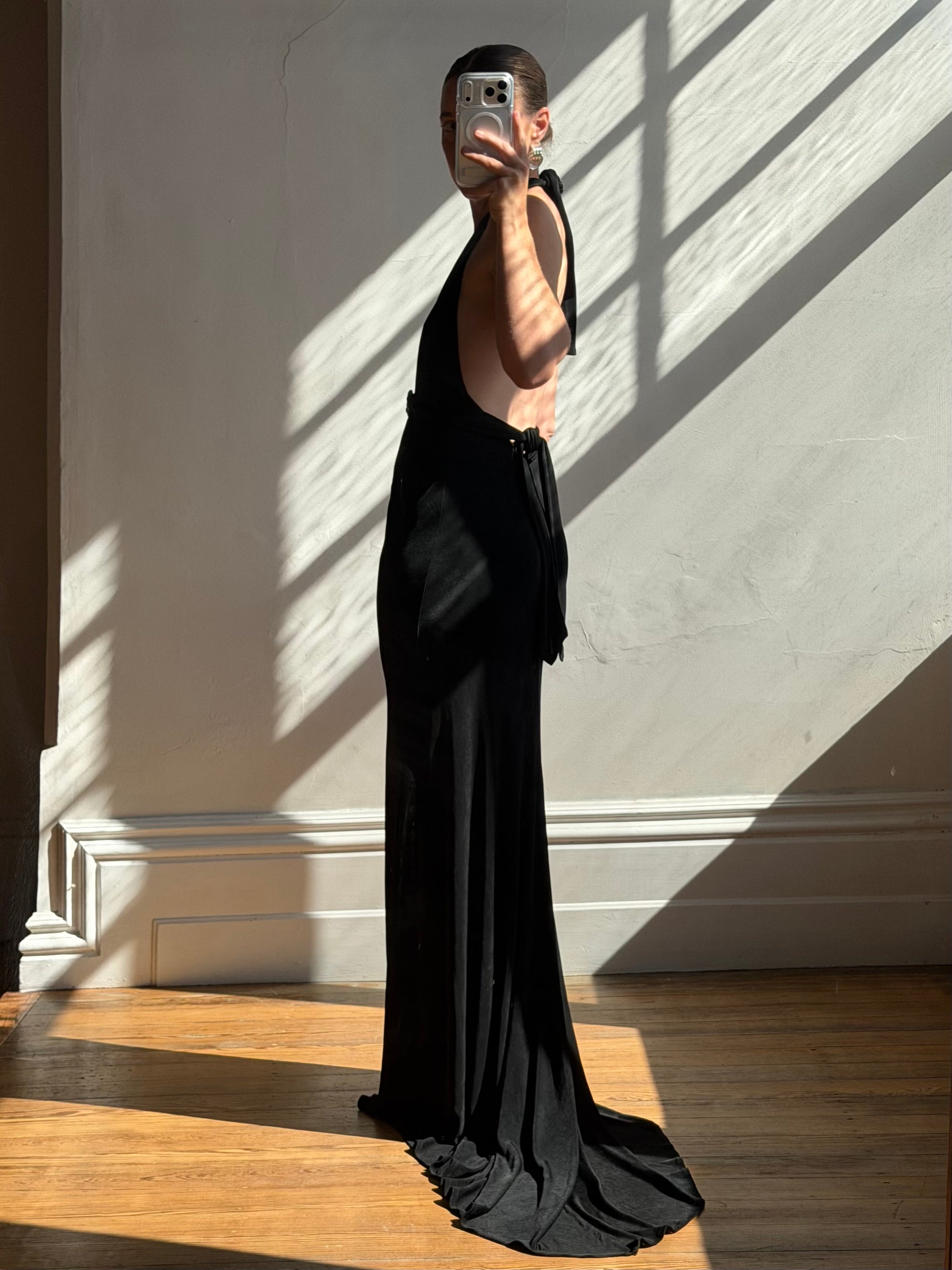 Vintage 90s Low Jersey Evening Dress Rhinestone Snake Noir