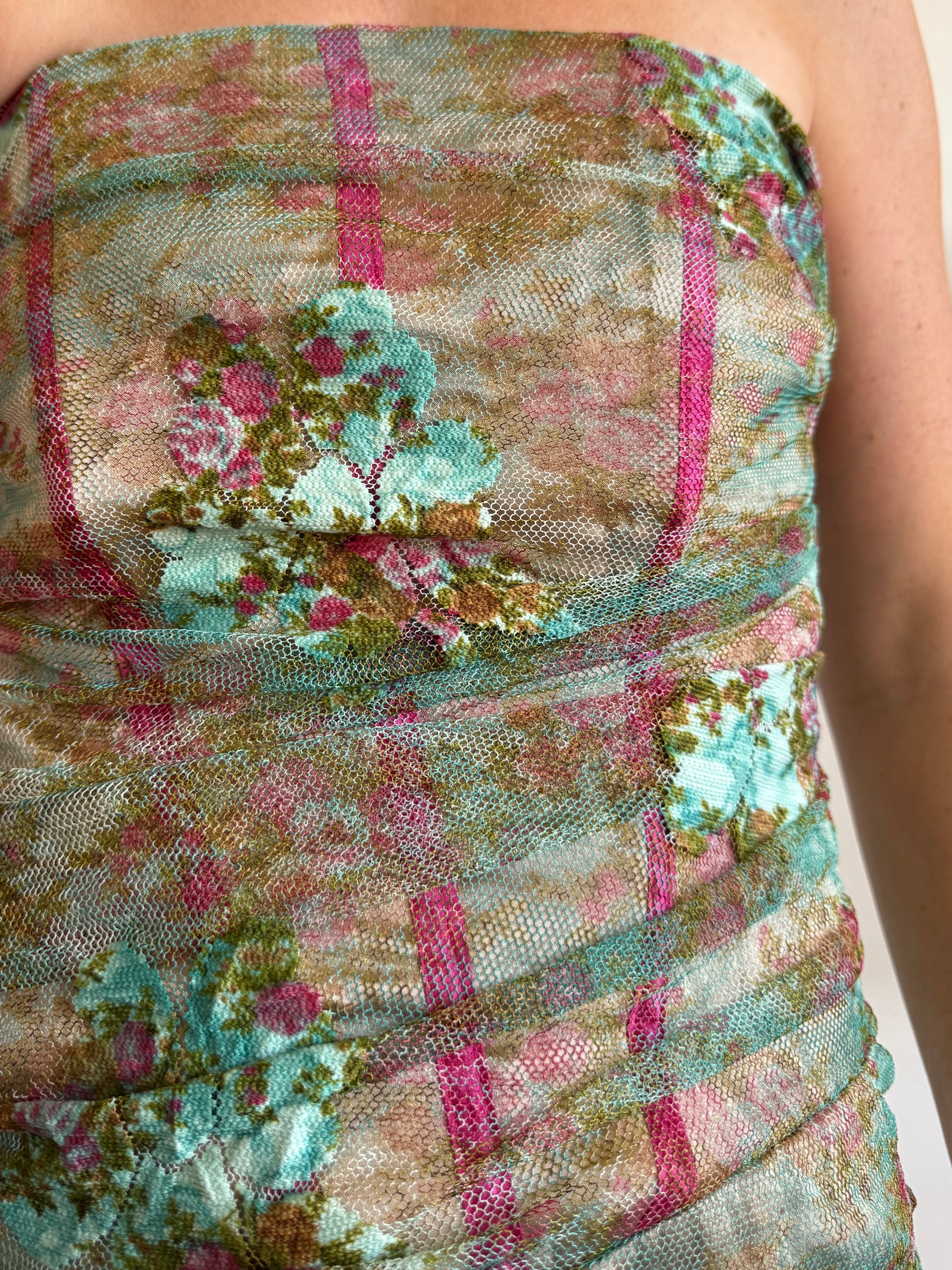 Vintage Y2K Teal Mesh Tapestry Corset Dress