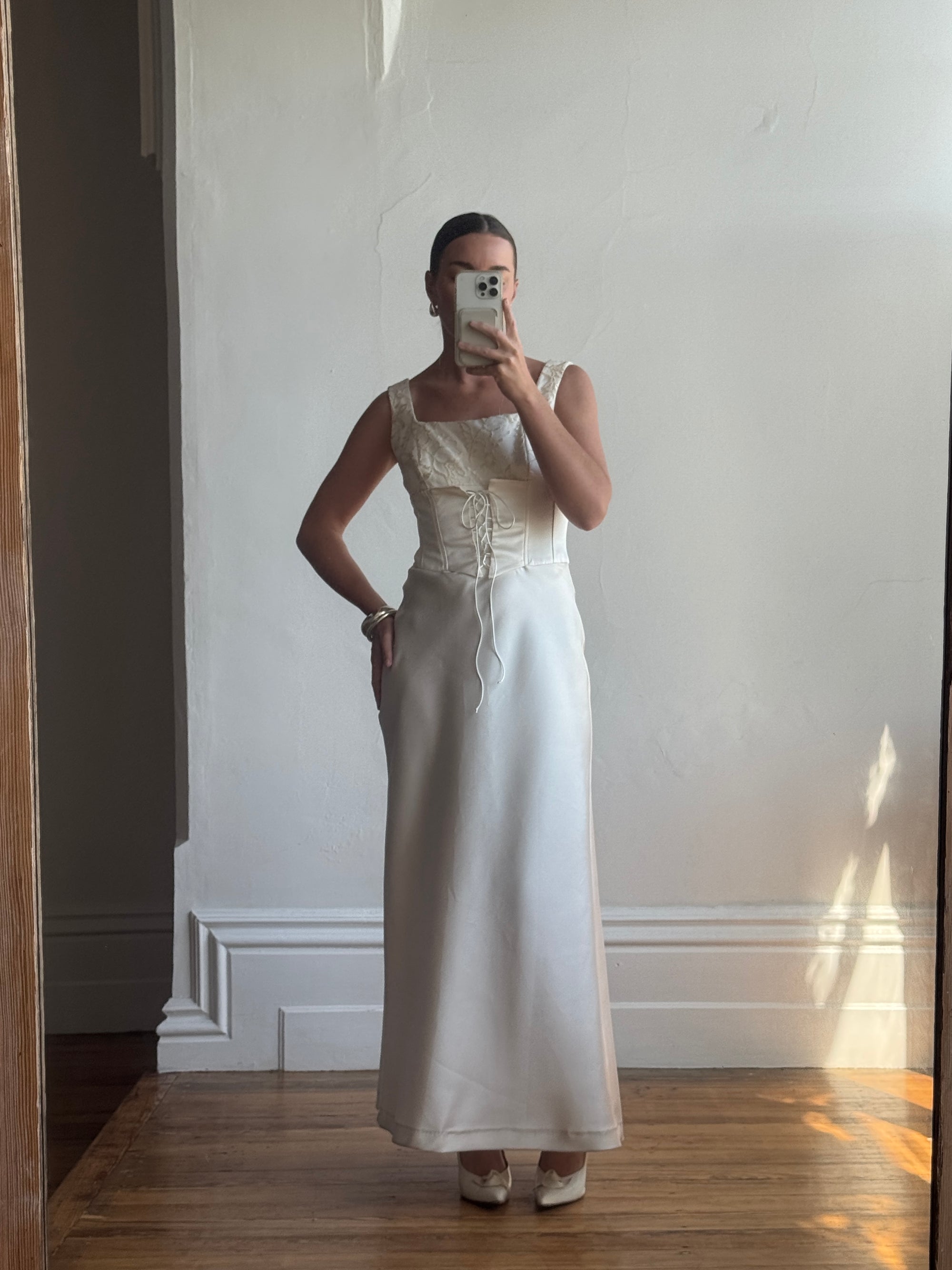 Vintage 90s Lace Up Waist Satin Column Wedding Dress