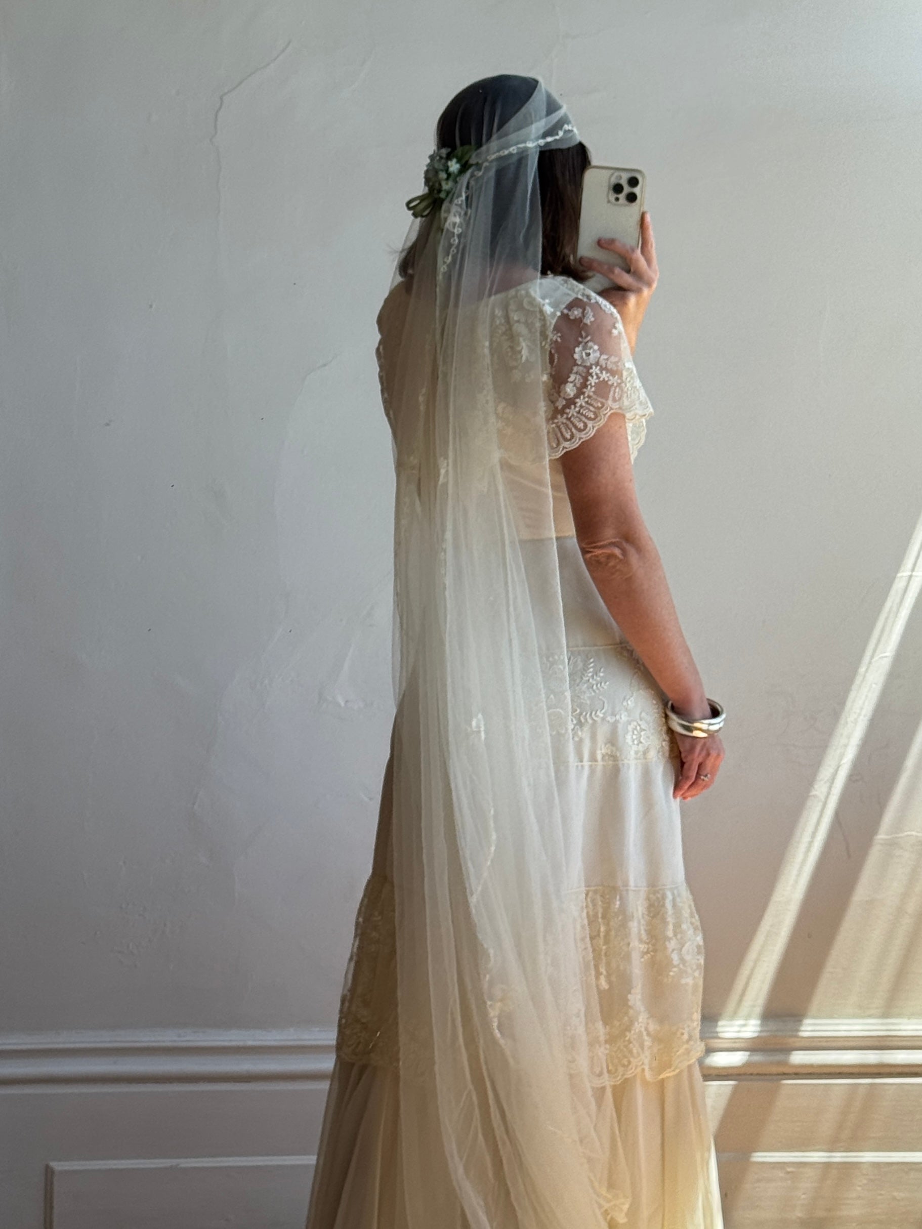 Vintage 70s Creme Tiered Lace Wedding Dress with Pleats